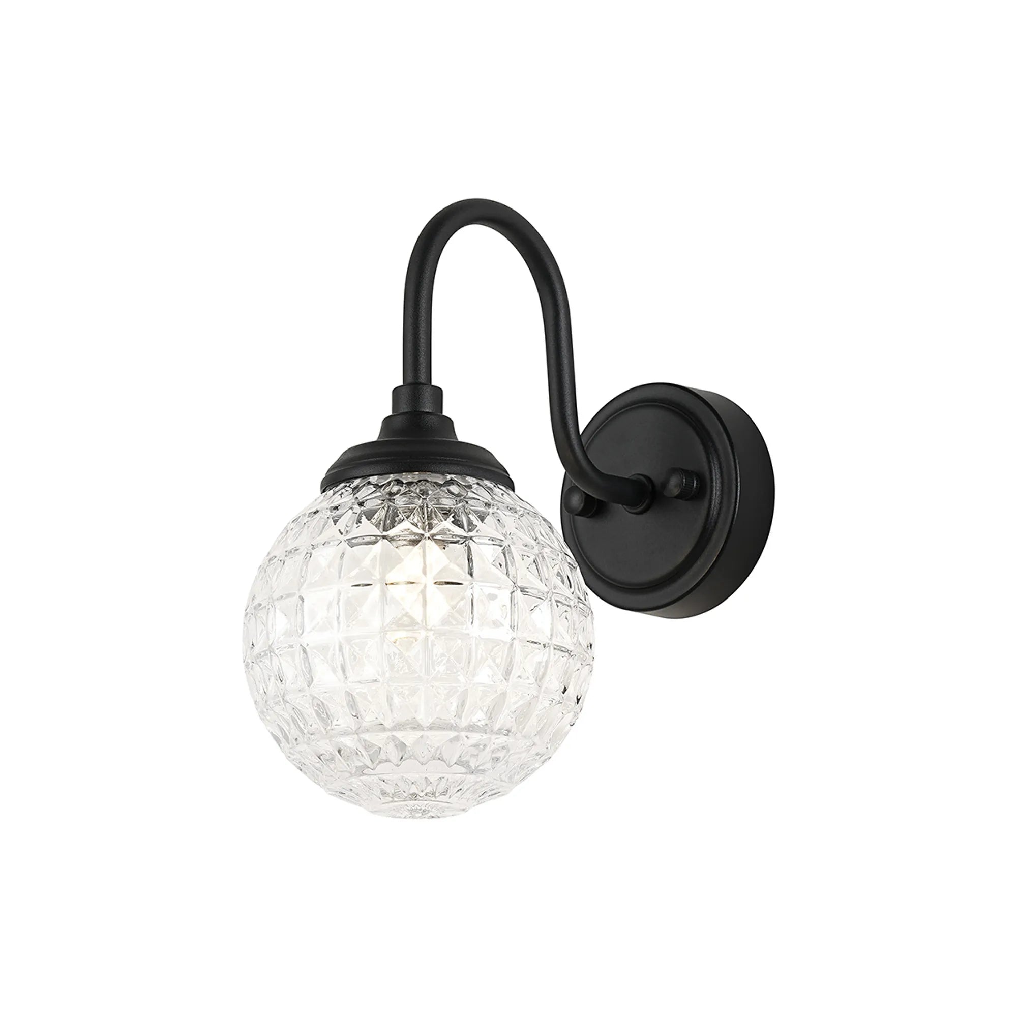 Dene Curved Arm Wall Light - 1 Light - IP44 Satin Black & Clear Cross Pattern Round Glass