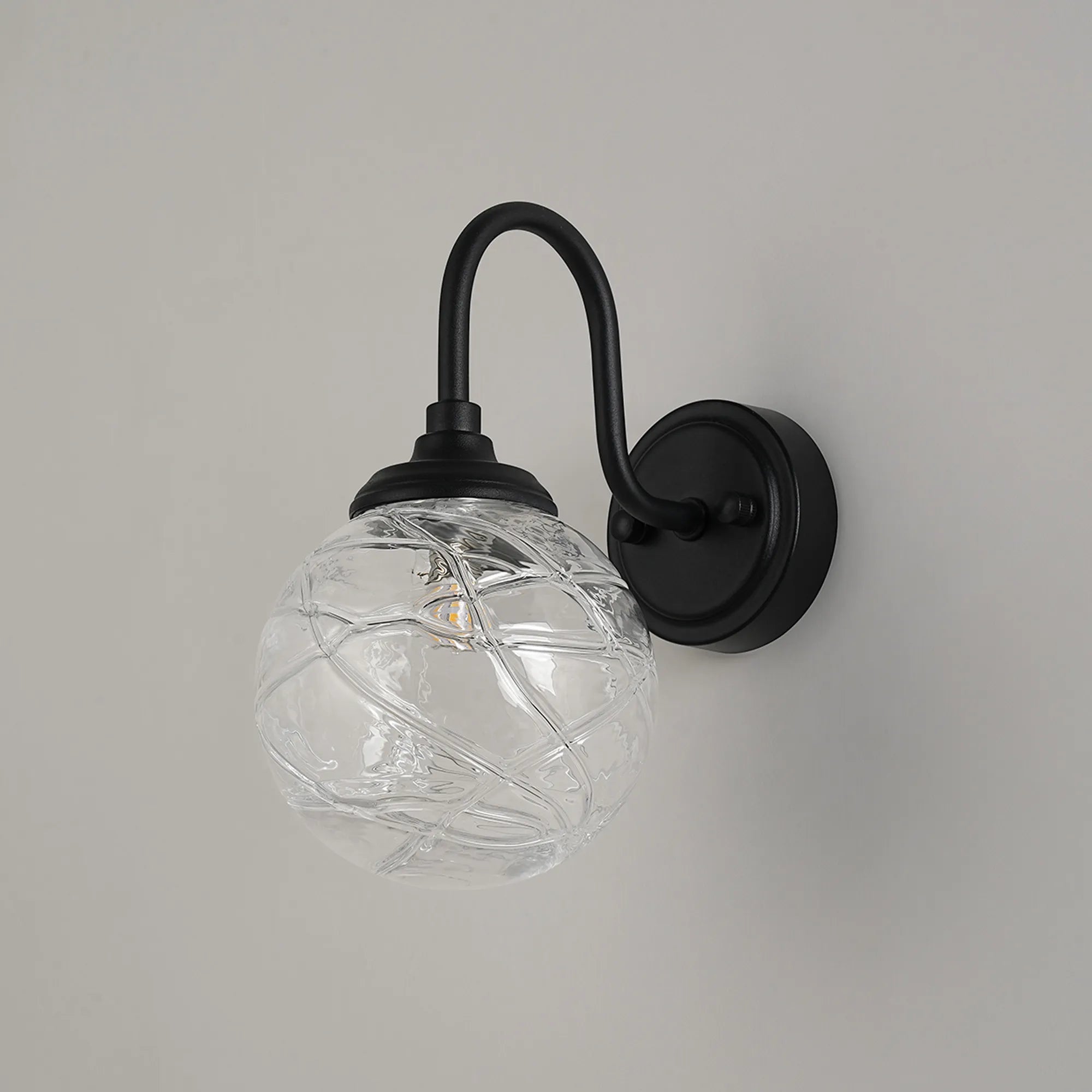 Dene Curved Arm Wall Light - 1 Light - IP44 Satin Black & Clear Dune Effect Round Glass