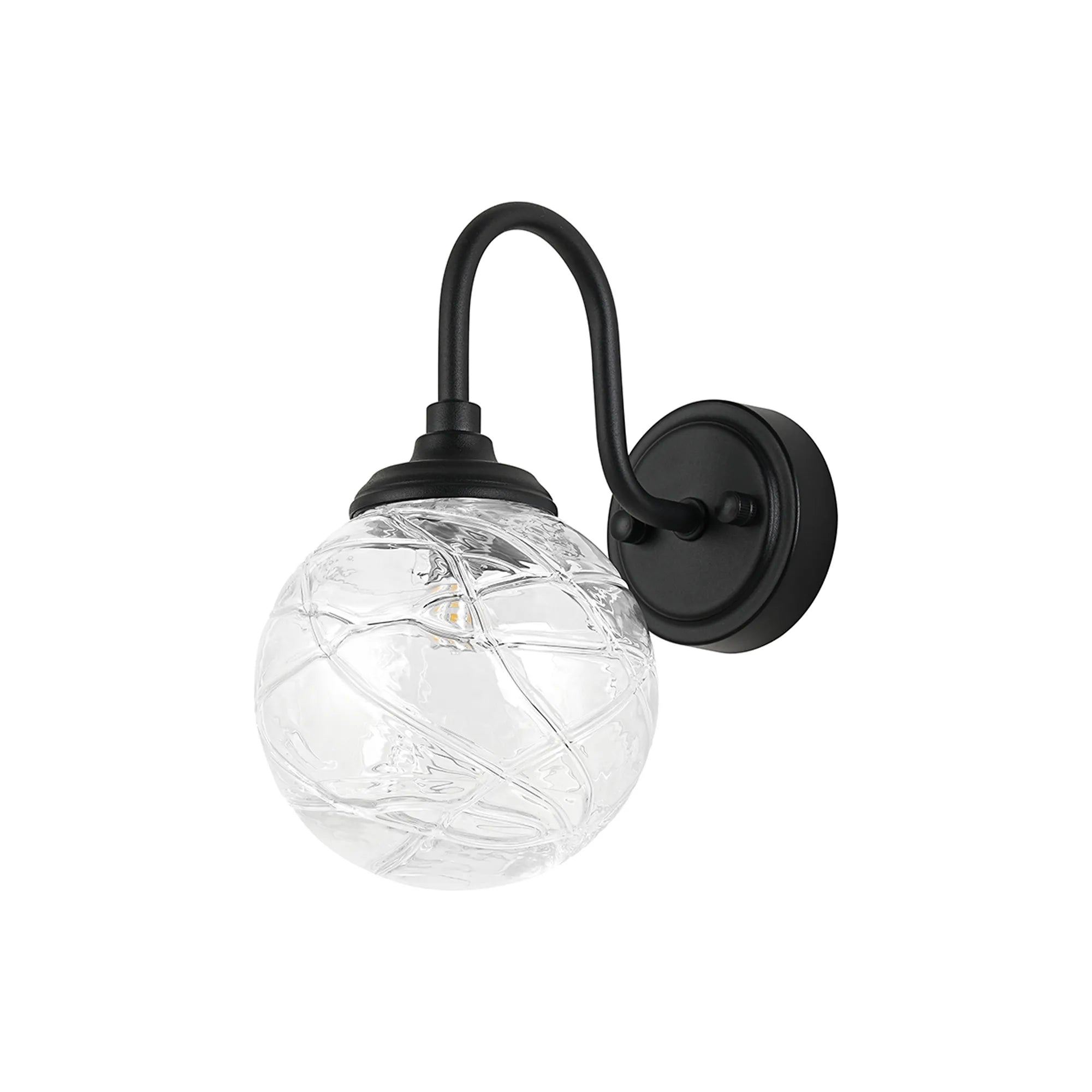 Dene Curved Arm Wall Light - 1 Light - IP44 Satin Black & Clear Dune Effect Round Glass