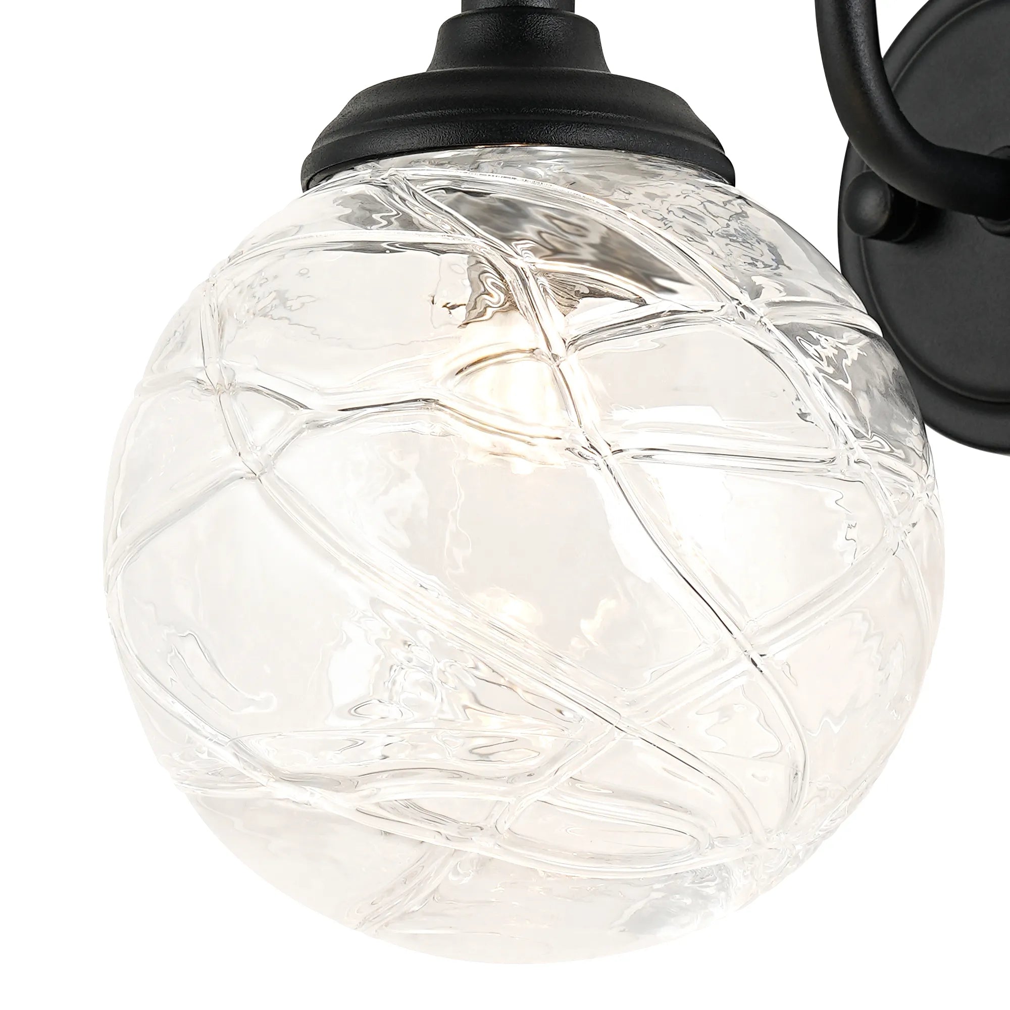 Dene Curved Arm Wall Light - 1 Light - IP44 Satin Black & Clear Dune Effect Round Glass