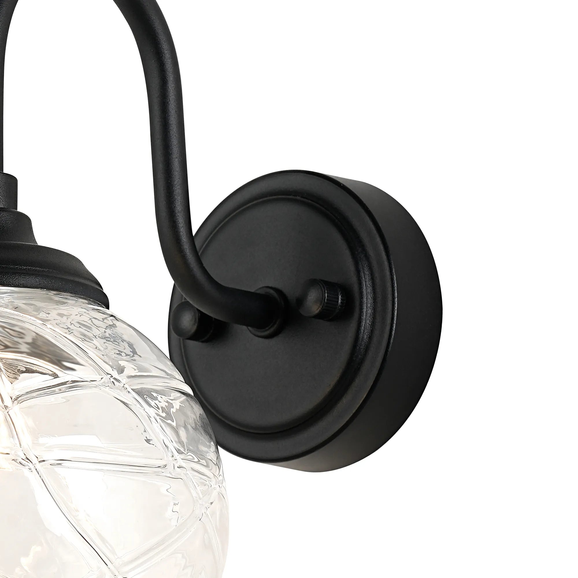 Dene Curved Arm Wall Light - 1 Light - IP44 Satin Black & Clear Dune Effect Round Glass