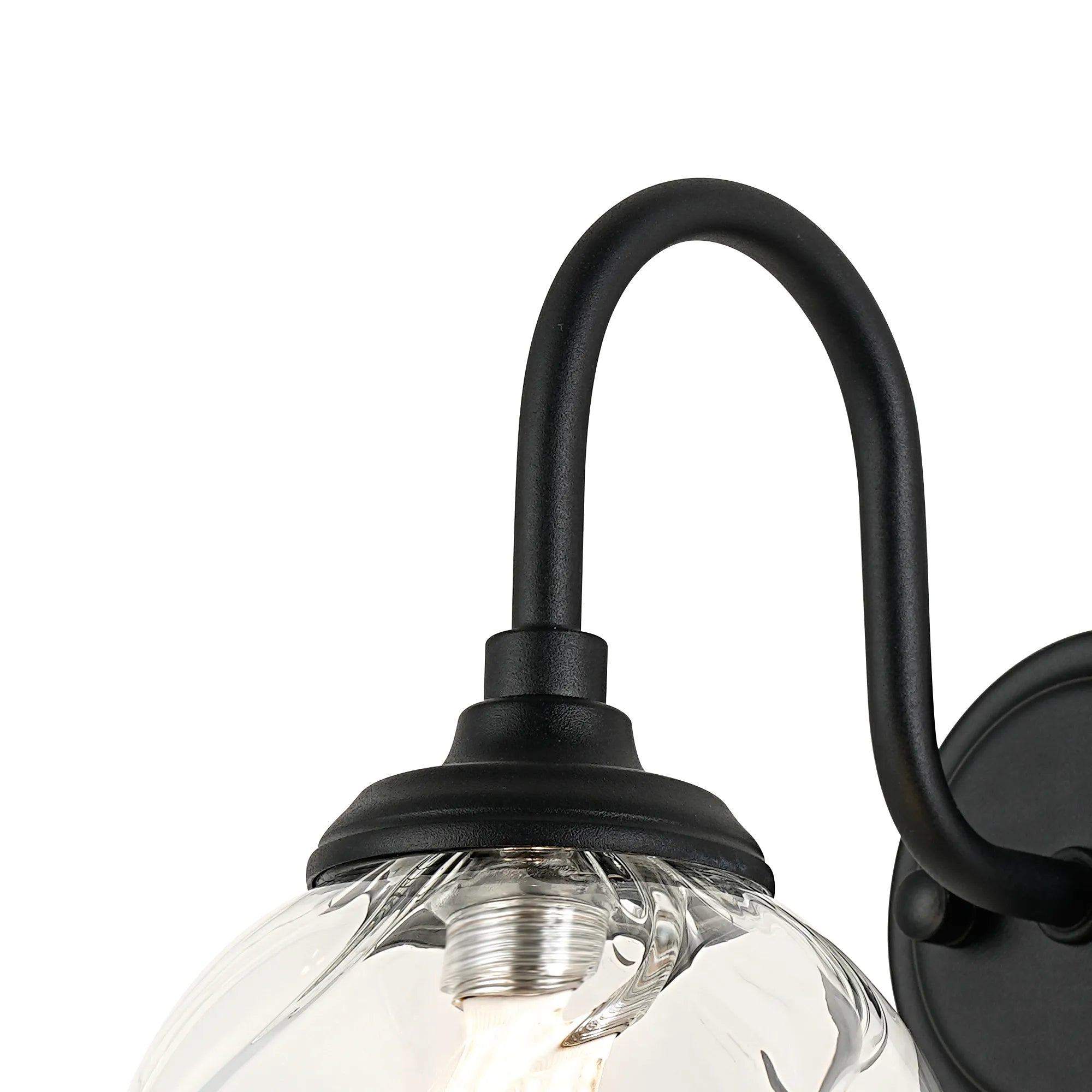 Dene Curved Arm Wall Light - 1 Light - IP44 Satin Black & Clear Waved Round Glass