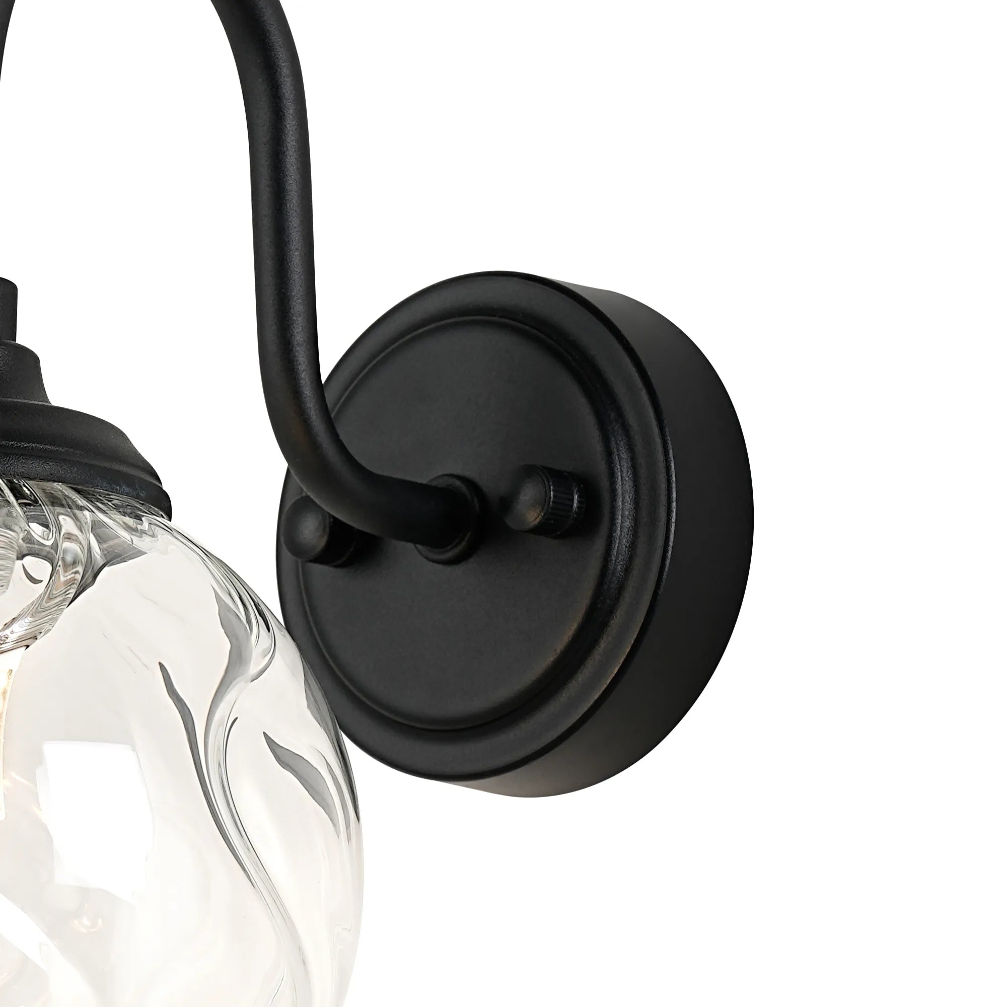 Dene Curved Arm Wall Light - 1 Light - IP44 Satin Black & Clear Waved Round Glass