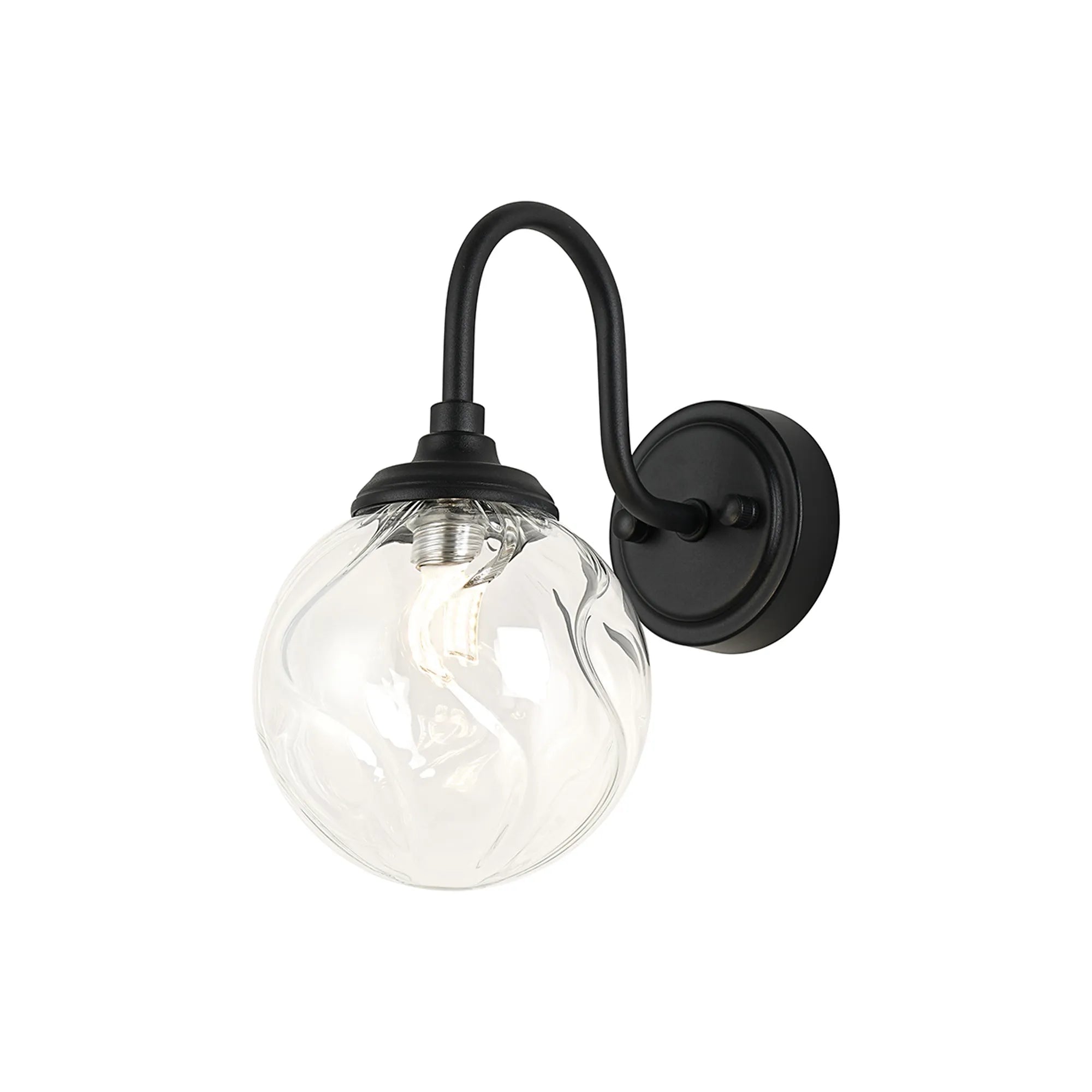 Dene Curved Arm Wall Light - 1 Light - IP44 Satin Black & Clear Waved Round Glass