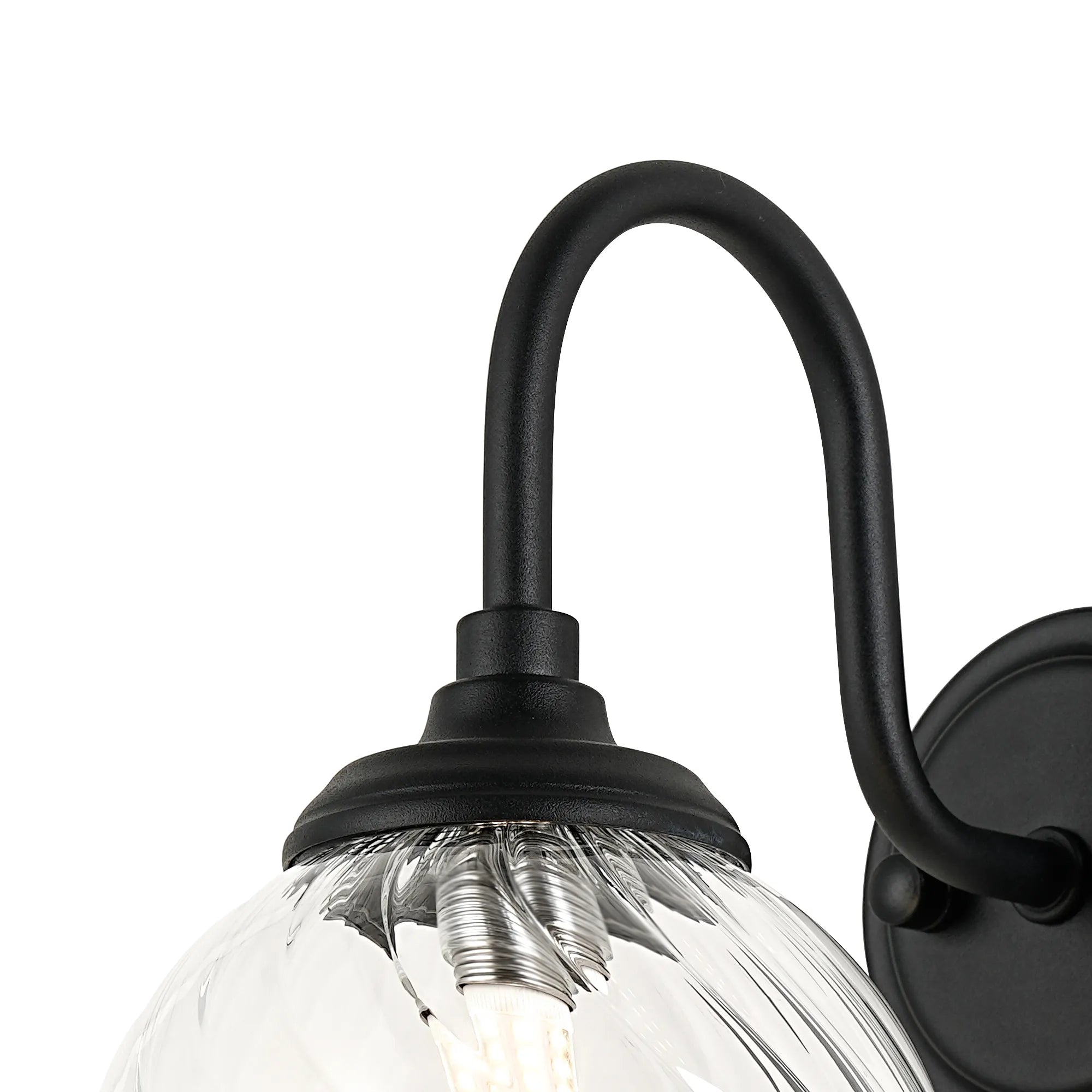 Dene Curved Arm Wall Light - 1 Light - IP44 Satin Black & Clear Swirl Round Glass