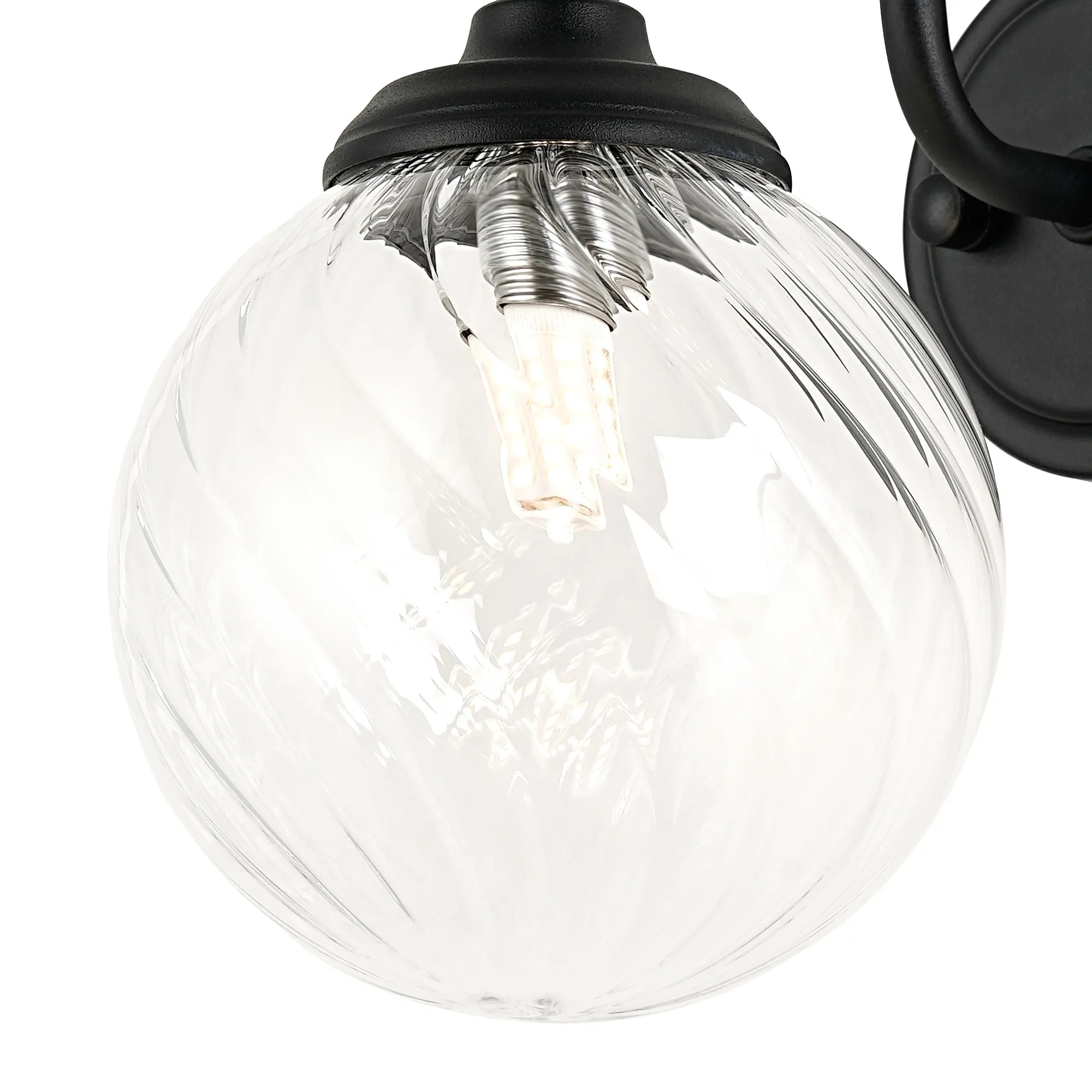 Dene Curved Arm Wall Light - 1 Light - IP44 Satin Black & Clear Swirl Round Glass