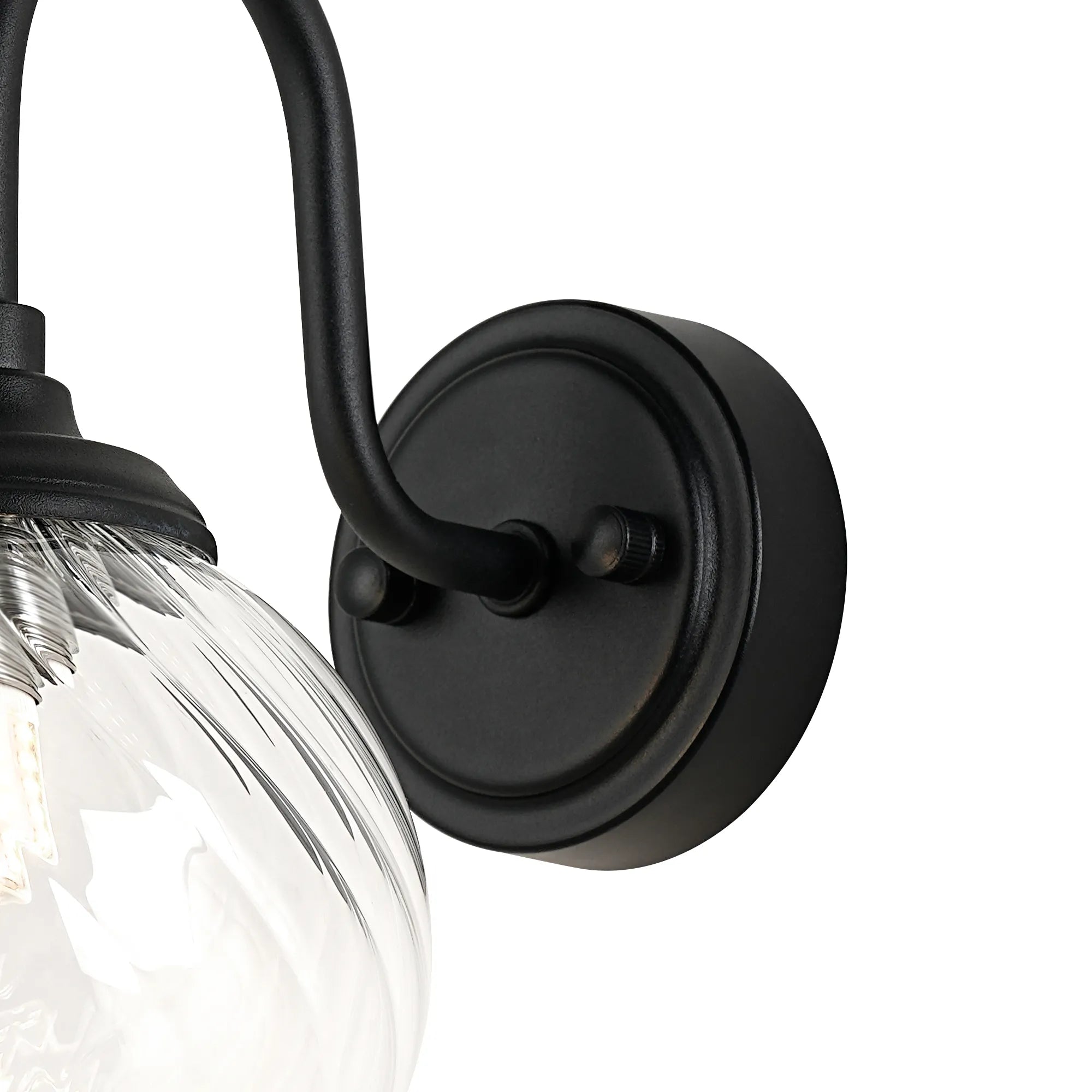Dene Curved Arm Wall Light - 1 Light - IP44 Satin Black & Clear Swirl Round Glass