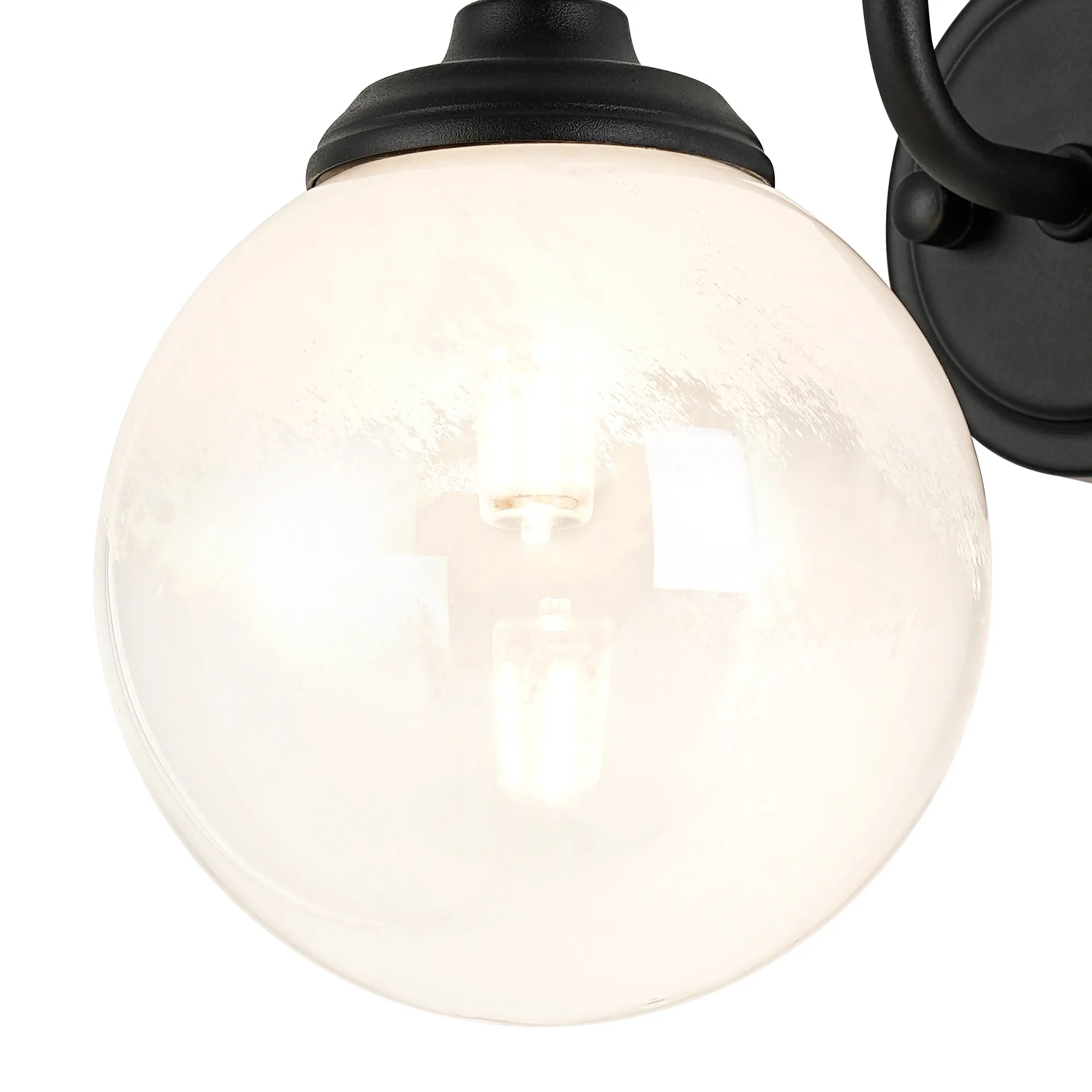 Dene Curved Arm Wall Light - 1 Light - IP44 Satin Black & White Two-Tone Snow Specks Round Glass