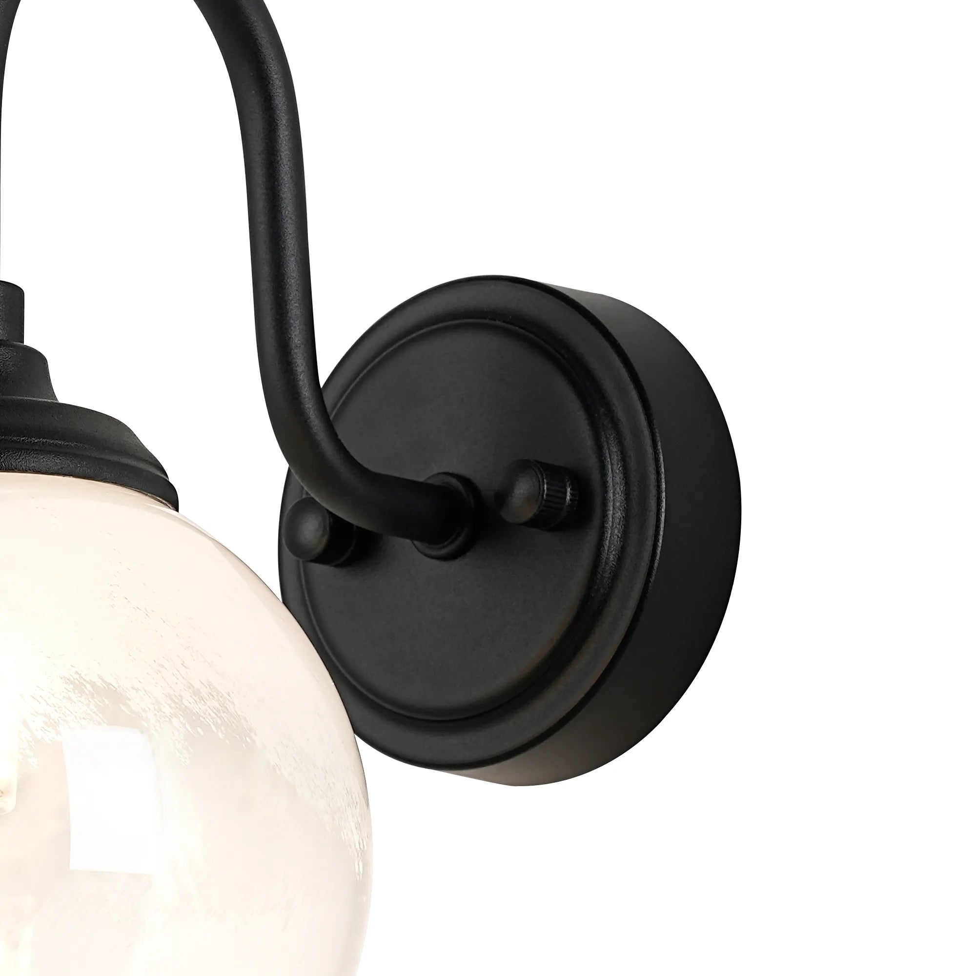 Dene Curved Arm Wall Light - 1 Light - IP44 Satin Black & White Two-Tone Snow Specks Round Glass