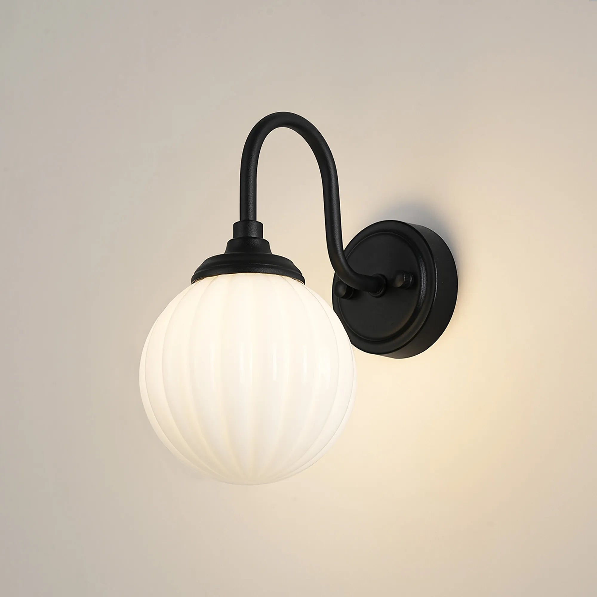 Dene Curved Arm Wall Light - 1 Light - IP44 Satin Black & Opal Round Segment Glass