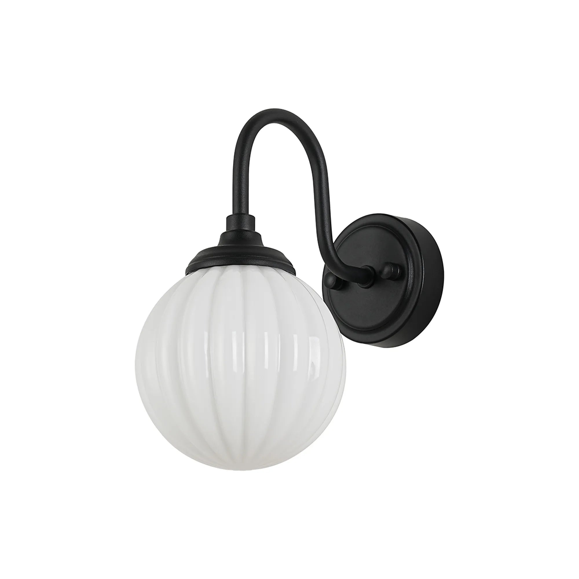 Dene Curved Arm Wall Light - 1 Light - IP44 Satin Black & Opal Round Segment Glass