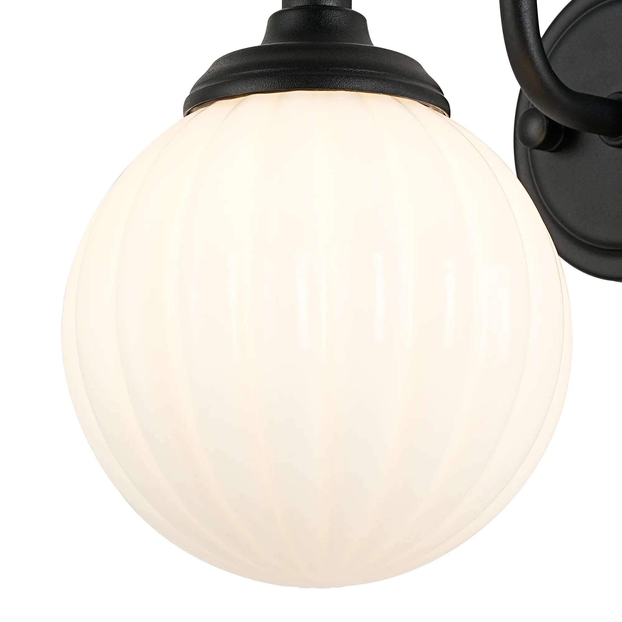 Dene Curved Arm Wall Light - 1 Light - IP44 Satin Black & Opal Round Segment Glass