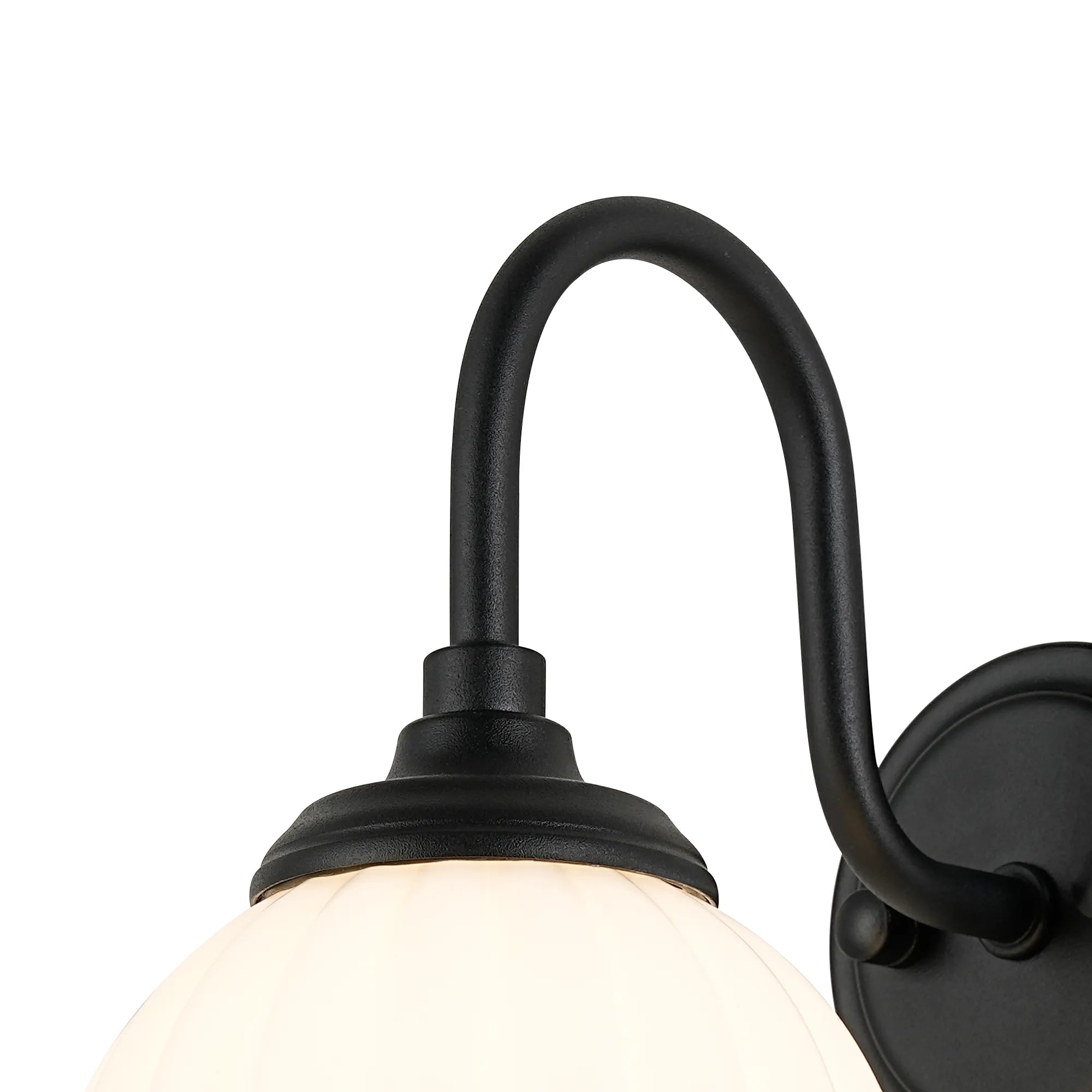 Dene Curved Arm Wall Light - 1 Light - IP44 Satin Black & Opal Round Segment Glass