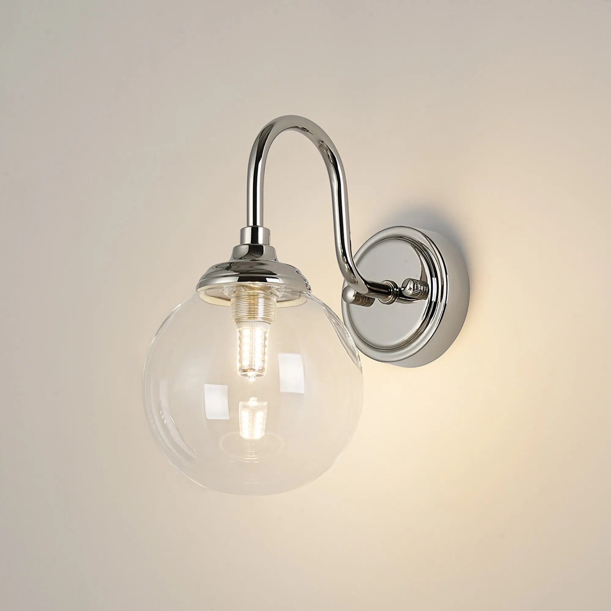 Dene Curved Arm Wall Light - 1 Light - IP44 Polished Nickel & Clear Smooth Round Glass