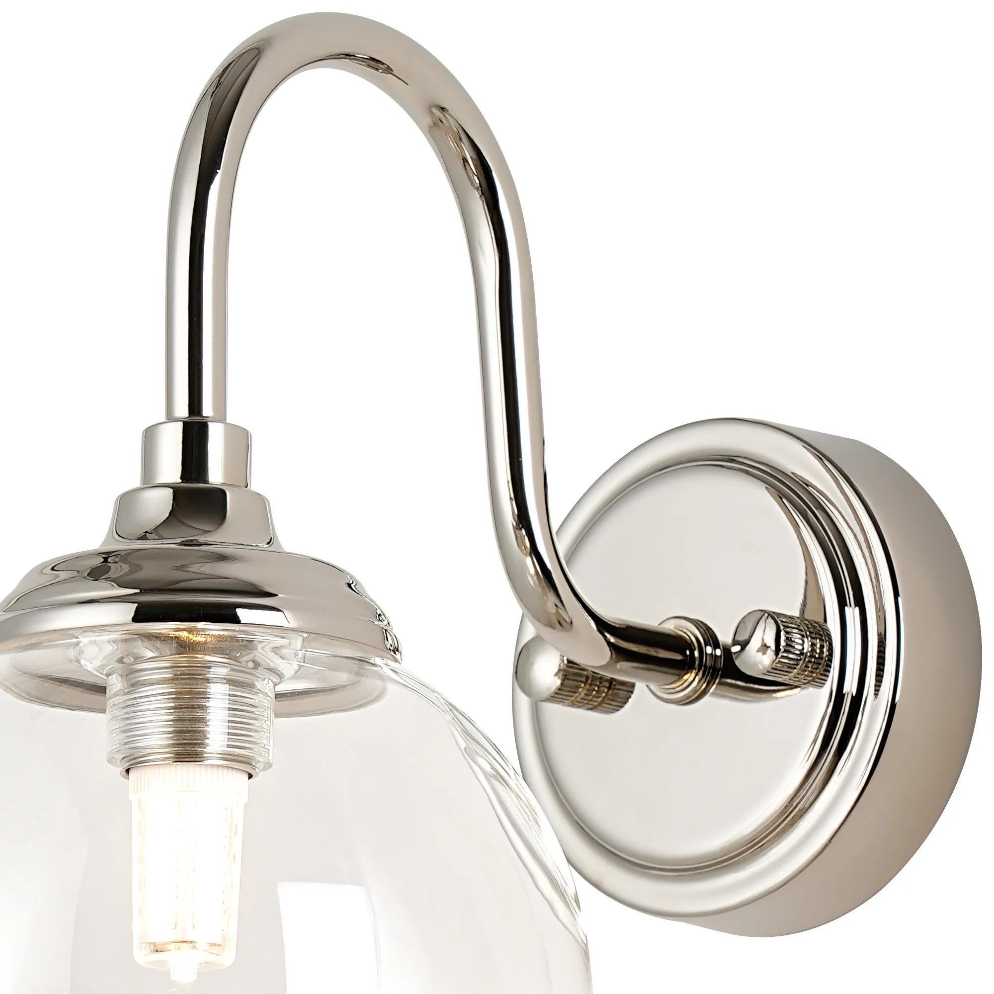 Dene Curved Arm Wall Light - 1 Light - IP44 Polished Nickel & Clear Smooth Round Glass