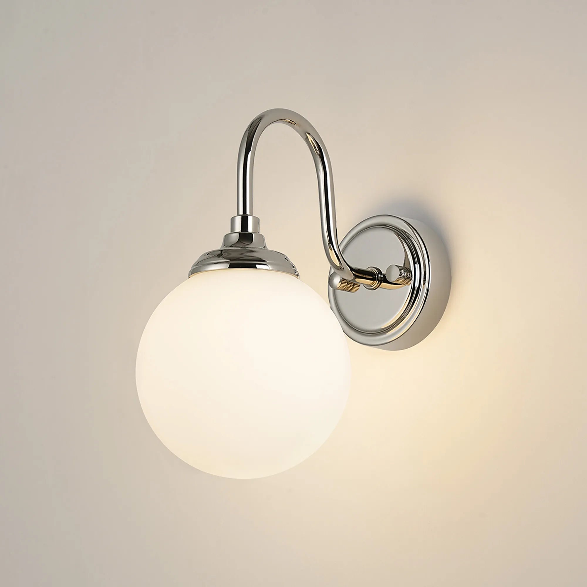 Dene Curved Arm Wall Light - 1 Light - IP44 Polished Nickel & Opal Smooth Round Glass