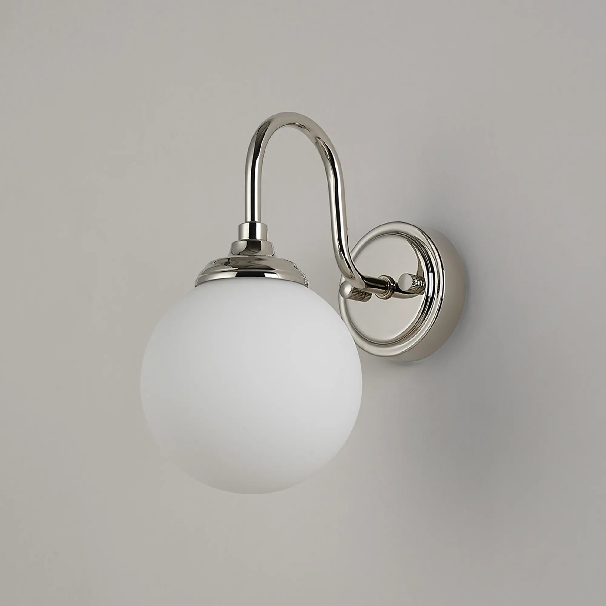 Dene Curved Arm Wall Light - 1 Light - IP44 Polished Nickel & Opal Smooth Round Glass