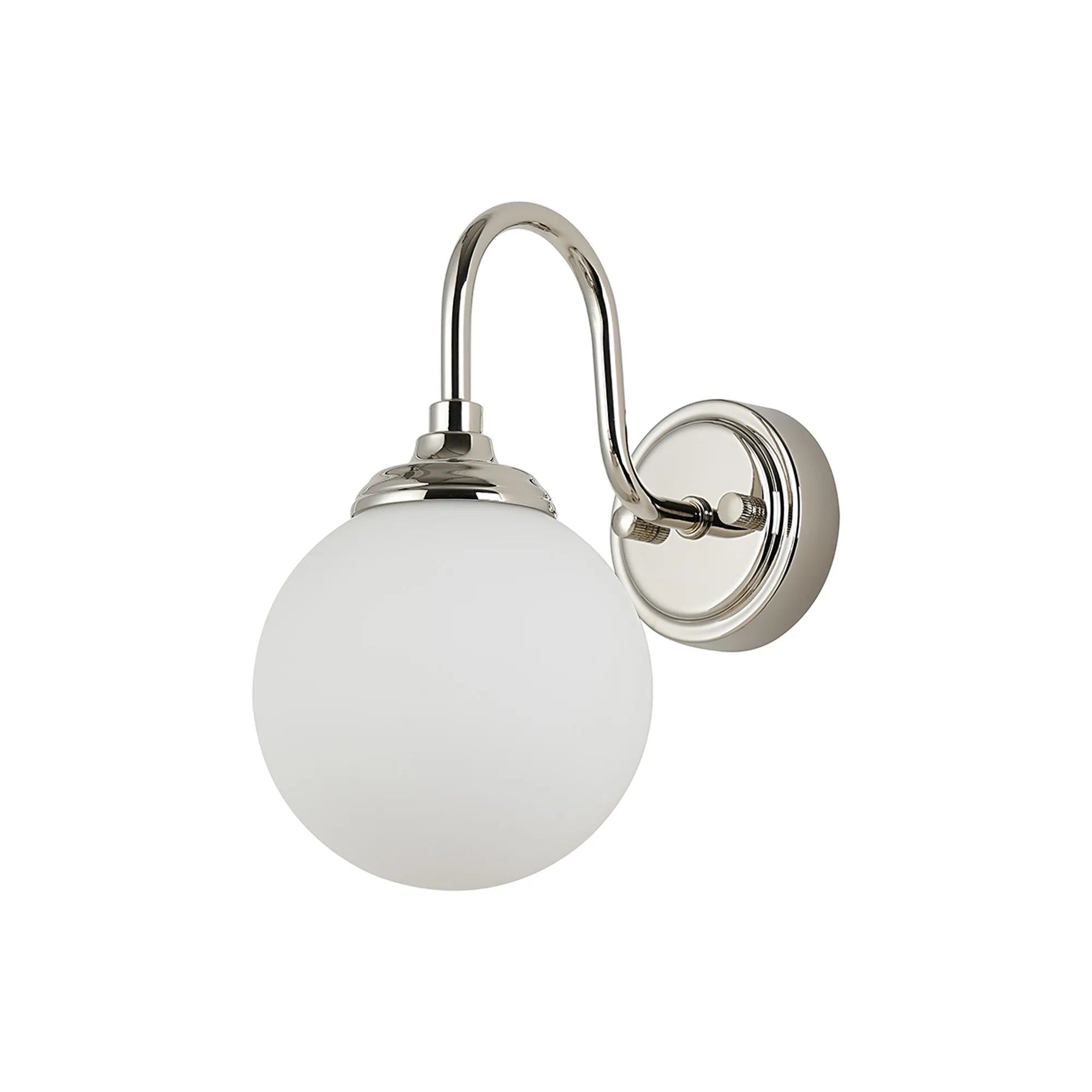 Dene Curved Arm Wall Light - 1 Light - IP44 Polished Nickel & Opal Smooth Round Glass