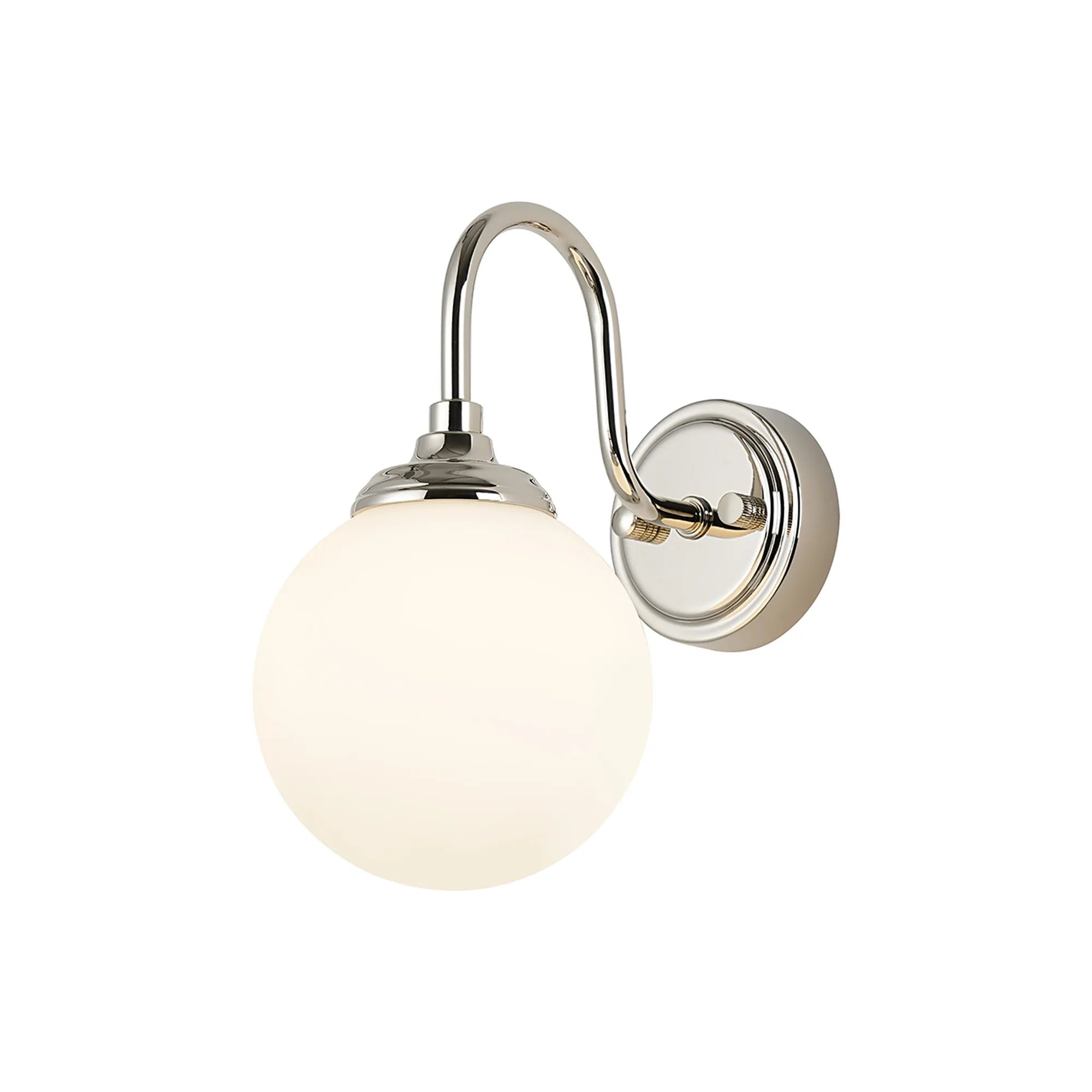 Dene Curved Arm Wall Light - 1 Light - IP44 Polished Nickel & Opal Smooth Round Glass