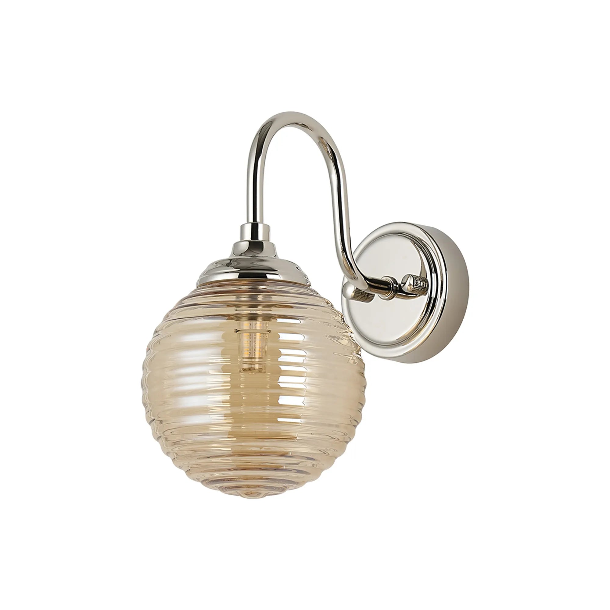 Dene Curved Arm Wall Light - 1 Light - IP44 Polished Nickel & Amber Ribbed Round Glass