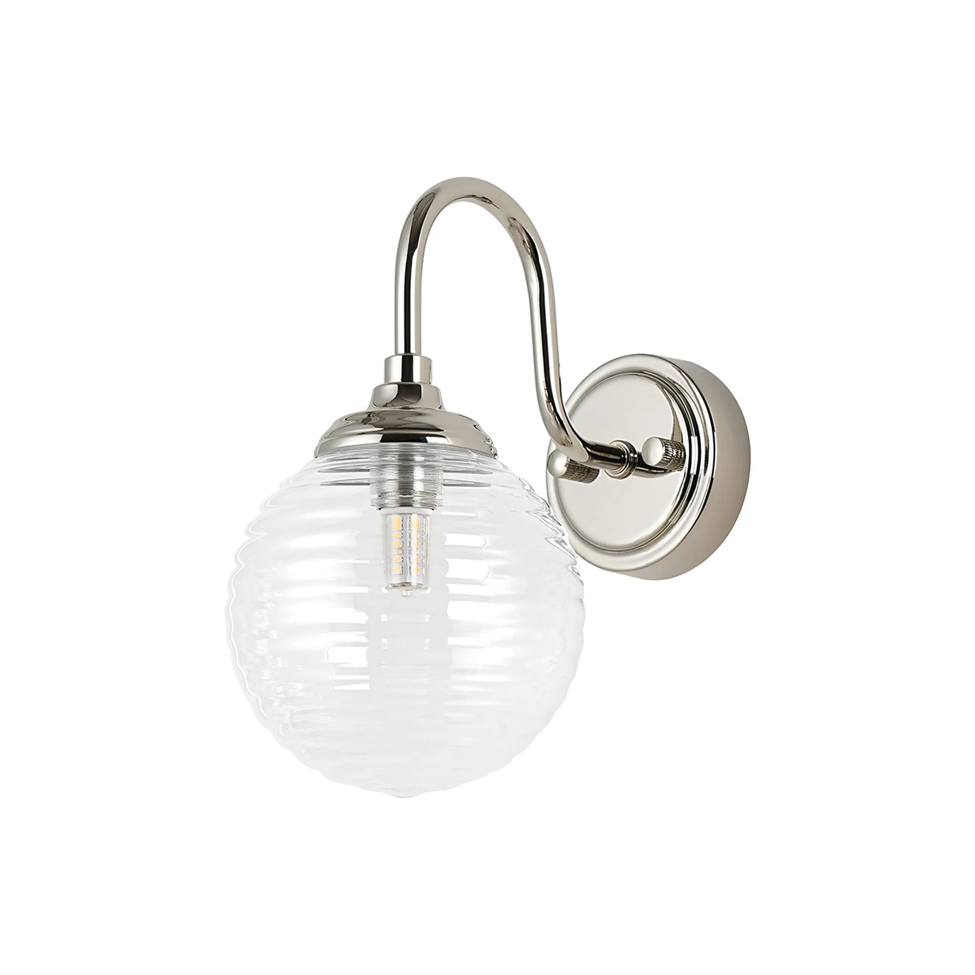 Dene Curved Arm Wall Light - 1 Light - IP44 Polished Nickel & Clear Ribbed Round Glass