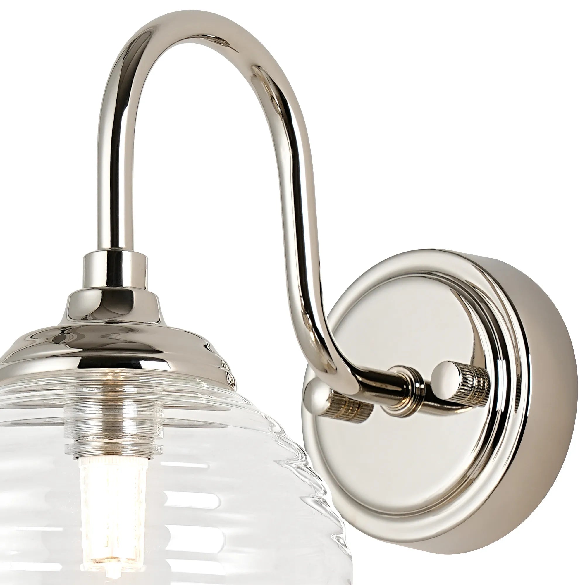 Dene Curved Arm Wall Light - 1 Light - IP44 Polished Nickel & Clear Ribbed Round Glass