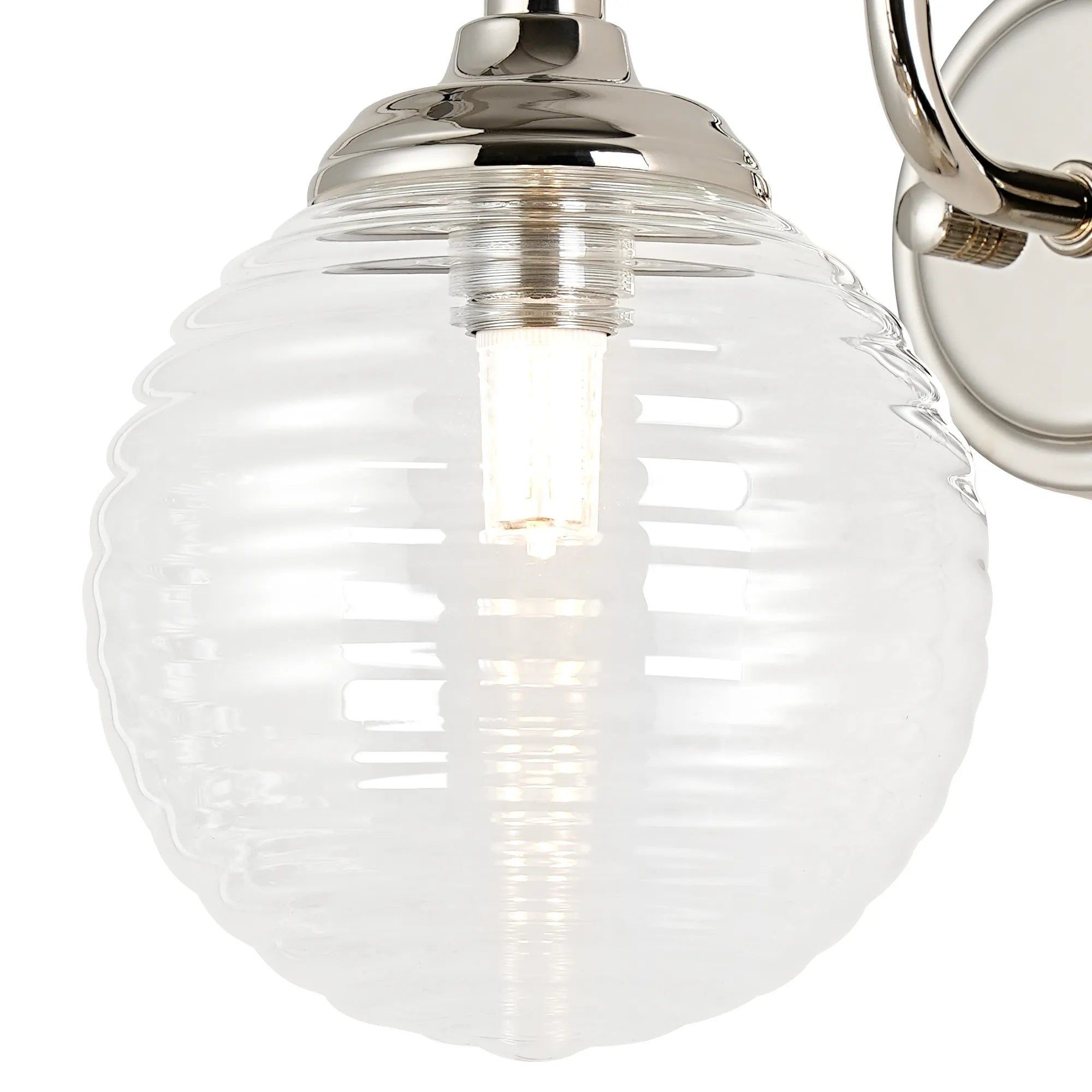 Dene Curved Arm Wall Light - 1 Light - IP44 Polished Nickel & Clear Ribbed Round Glass
