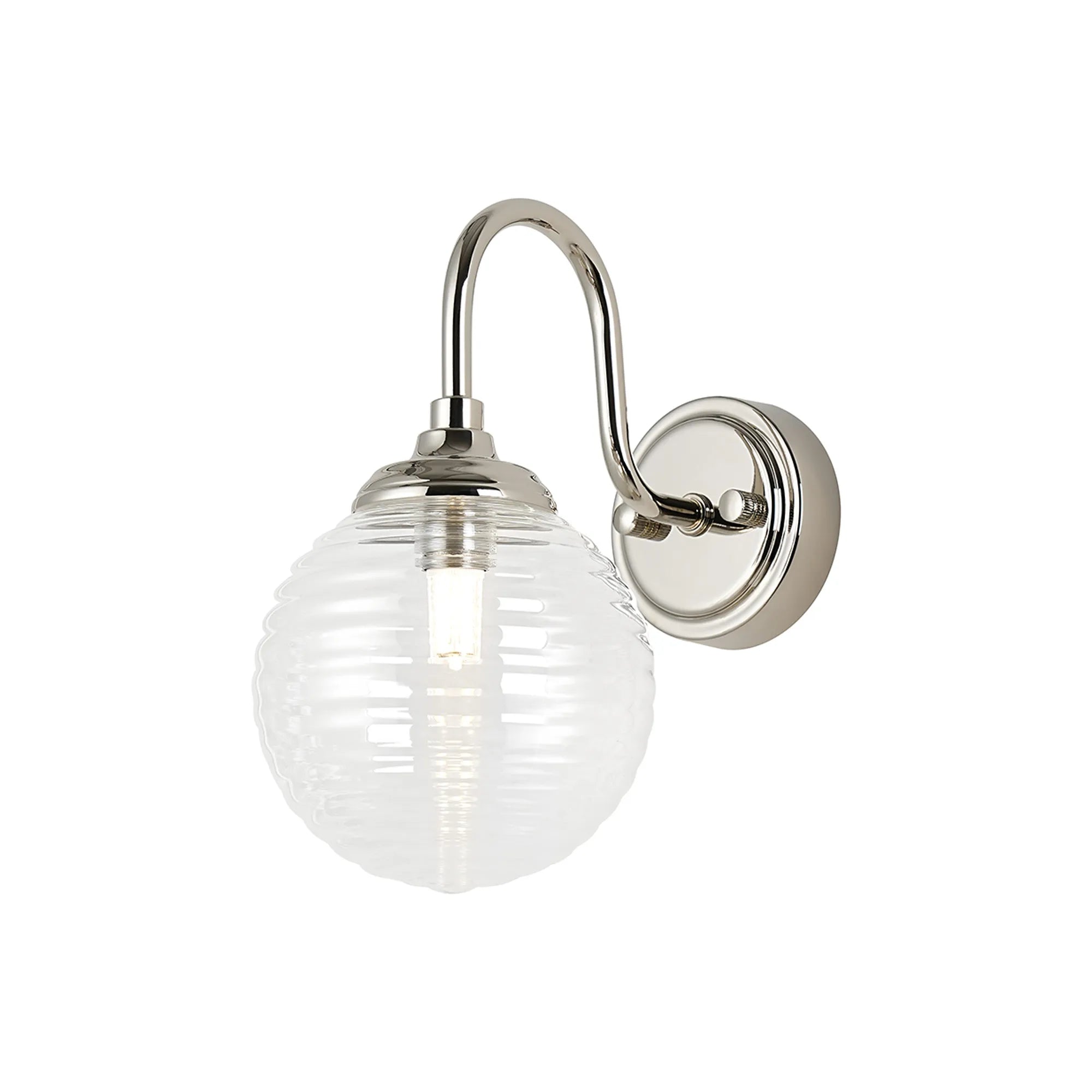 Dene Curved Arm Wall Light - 1 Light - IP44 Polished Nickel & Clear Ribbed Round Glass