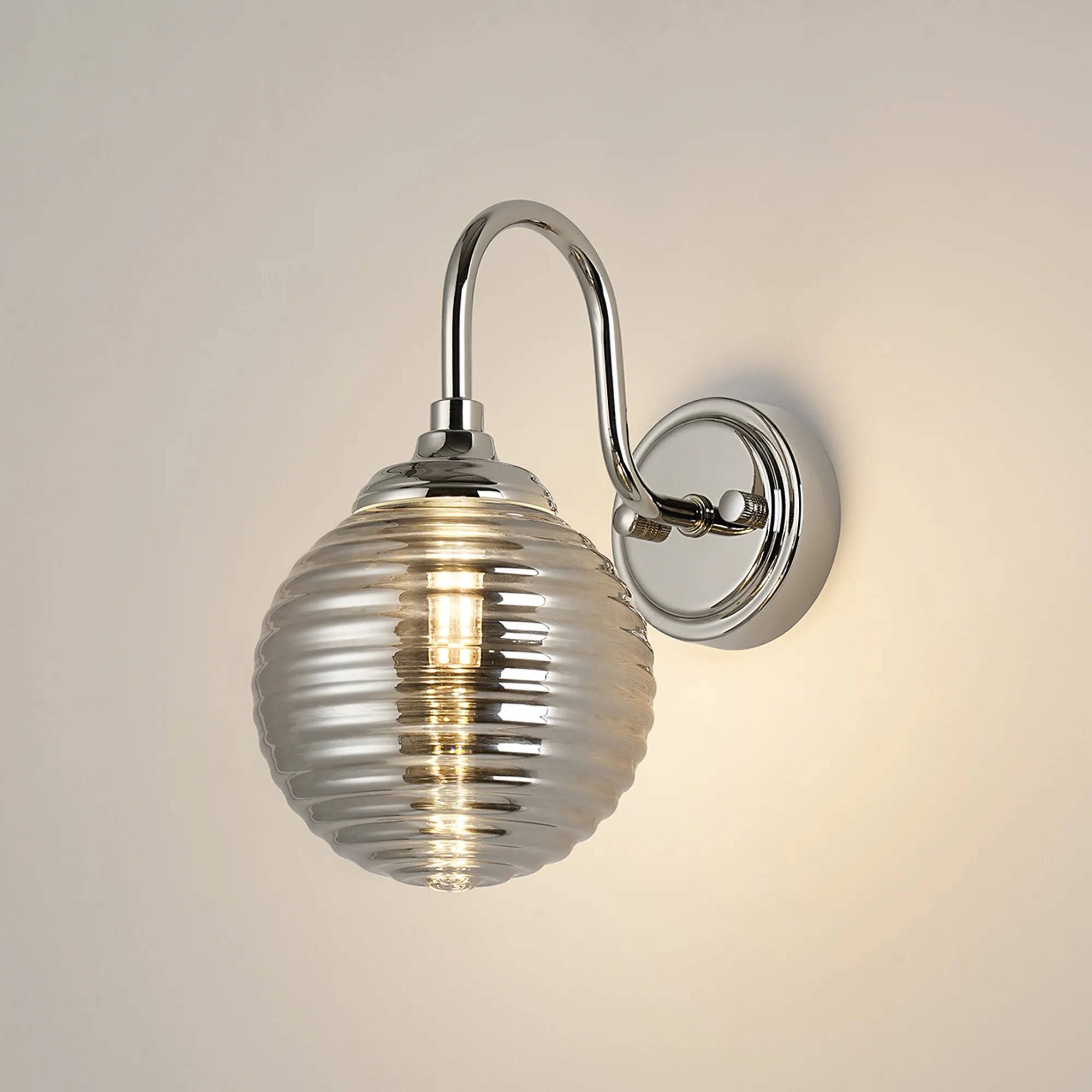 Dene Curved Arm Wall Light - 1 Light - IP44 Polished Nickel & Smoke Ribbed Round Glass
