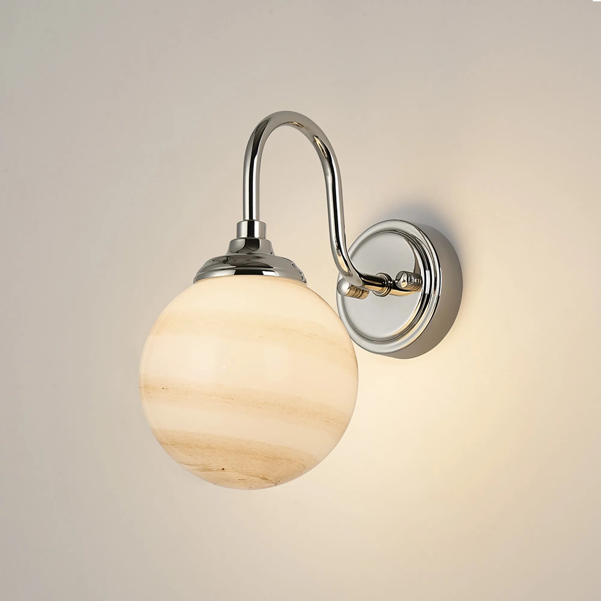 Dene Curved Arm Wall Light - 1 Light - IP44 Polished Nickel & Brown & White Round Marble Effect Glass