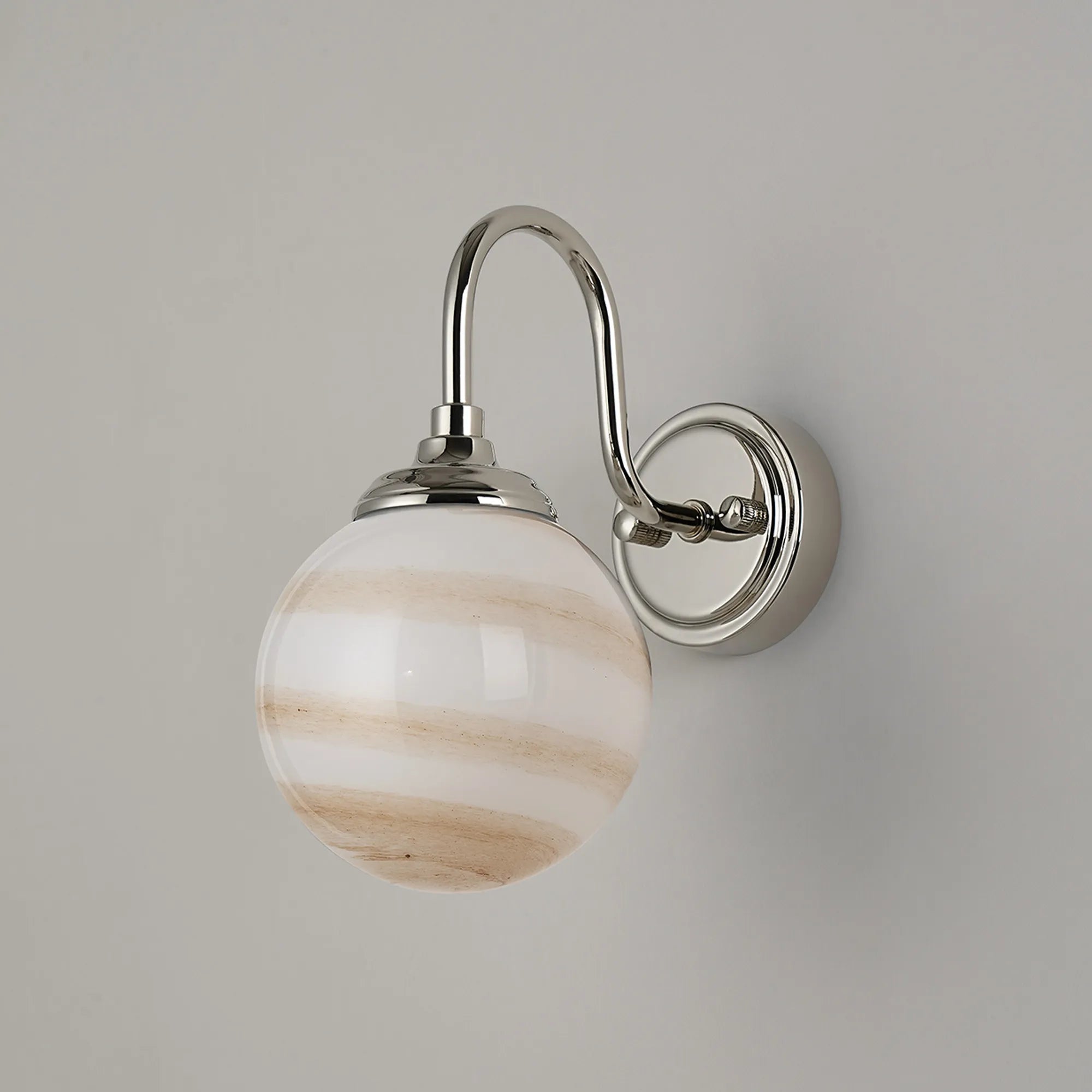 Dene Curved Arm Wall Light - 1 Light - IP44 Polished Nickel & Brown & White Round Marble Effect Glass