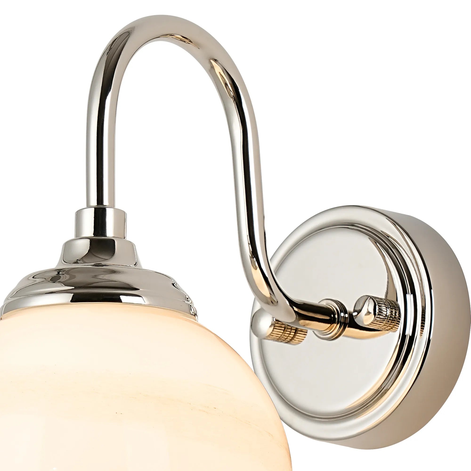 Dene Curved Arm Wall Light - 1 Light - IP44 Polished Nickel & Brown & White Round Marble Effect Glass
