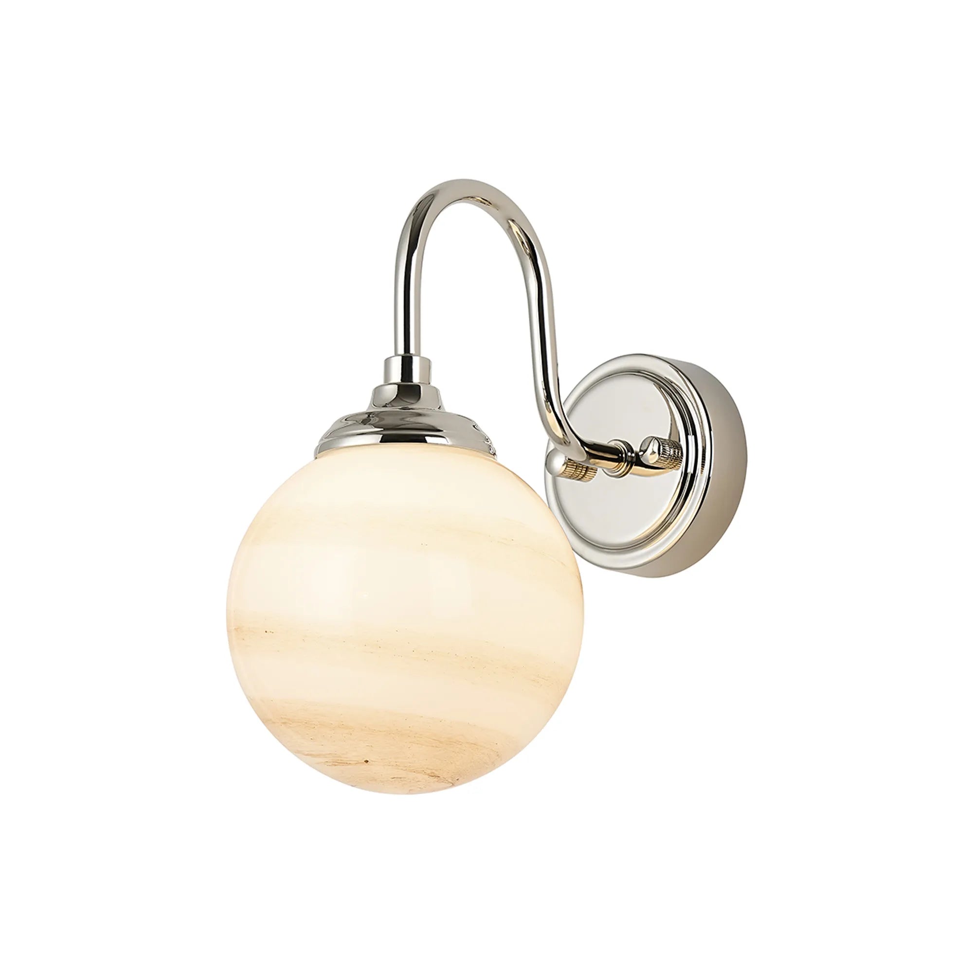 Dene Curved Arm Wall Light - 1 Light - IP44 Polished Nickel & Brown & White Round Marble Effect Glass