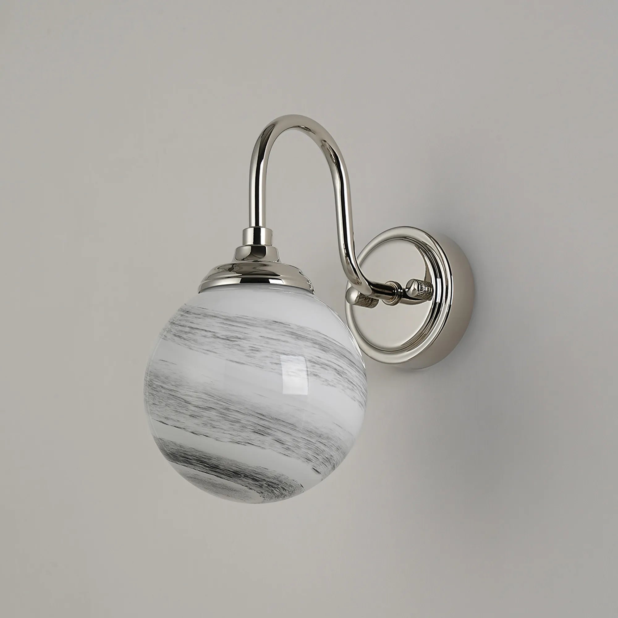Dene Curved Arm Wall Light - 1 Light - IP44 Polished Nickel & Grey & White Round Marble Effect Glass