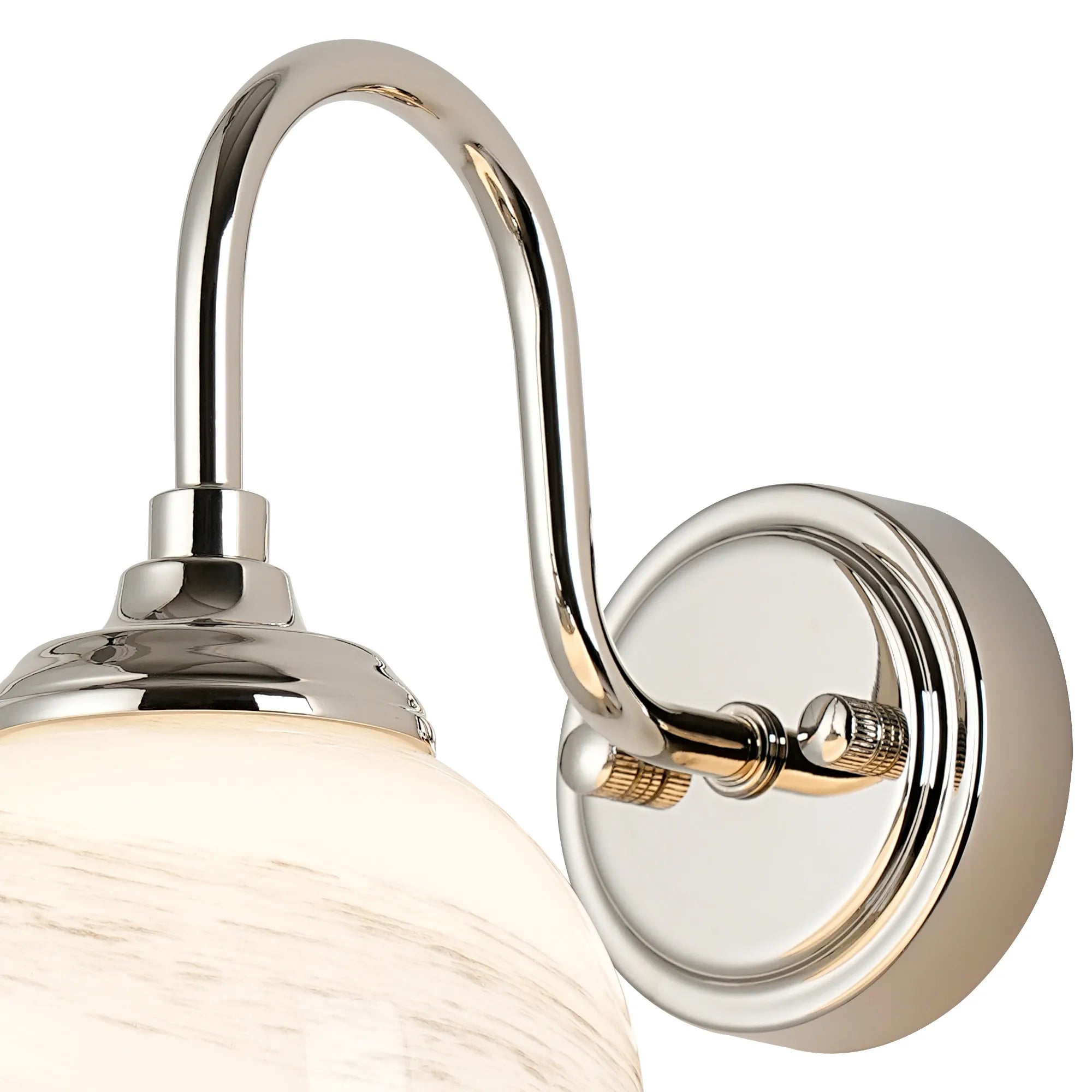 Dene Curved Arm Wall Light - 1 Light - IP44 Polished Nickel & Grey & White Round Marble Effect Glass
