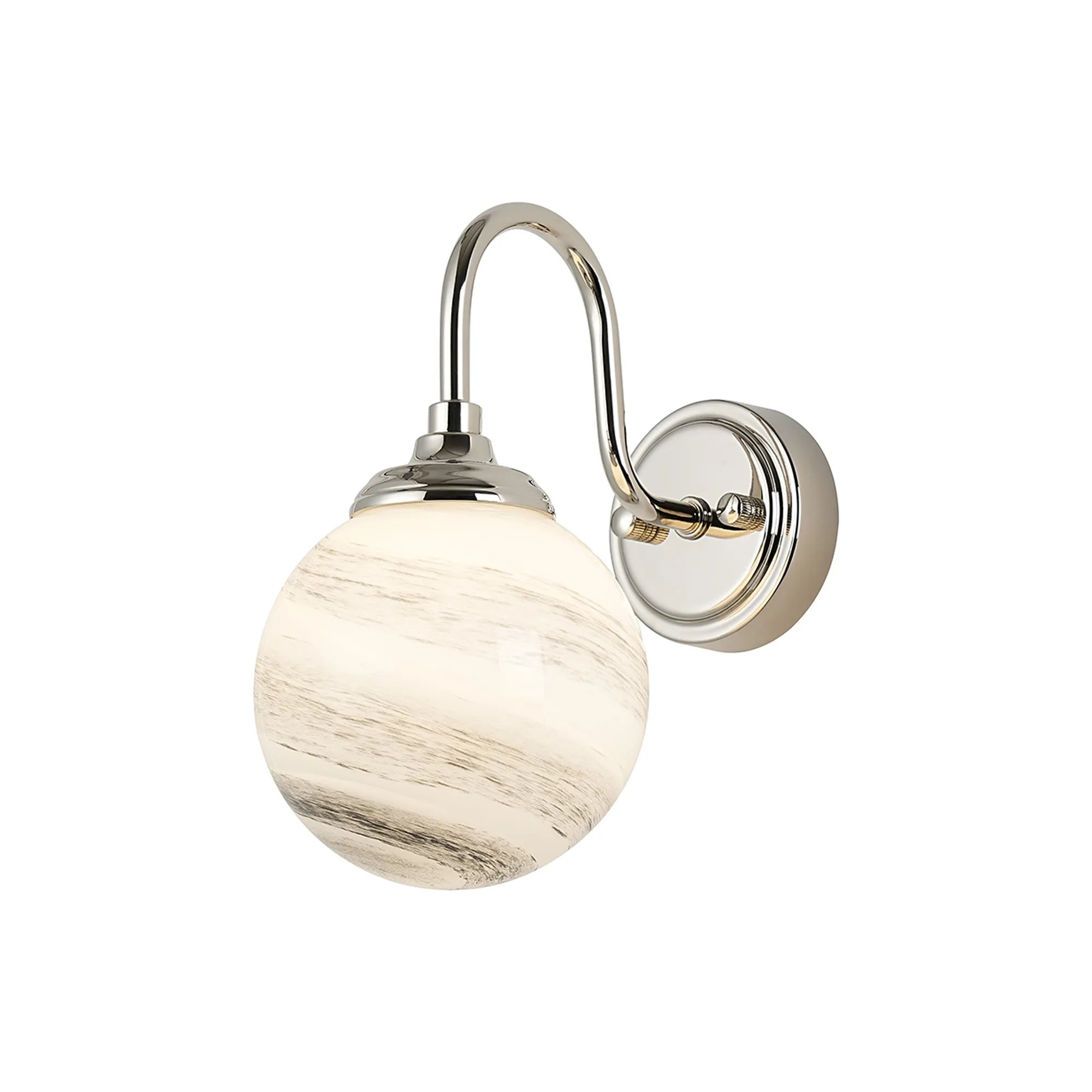 Dene Curved Arm Wall Light - 1 Light - IP44 Polished Nickel & Grey & White Round Marble Effect Glass