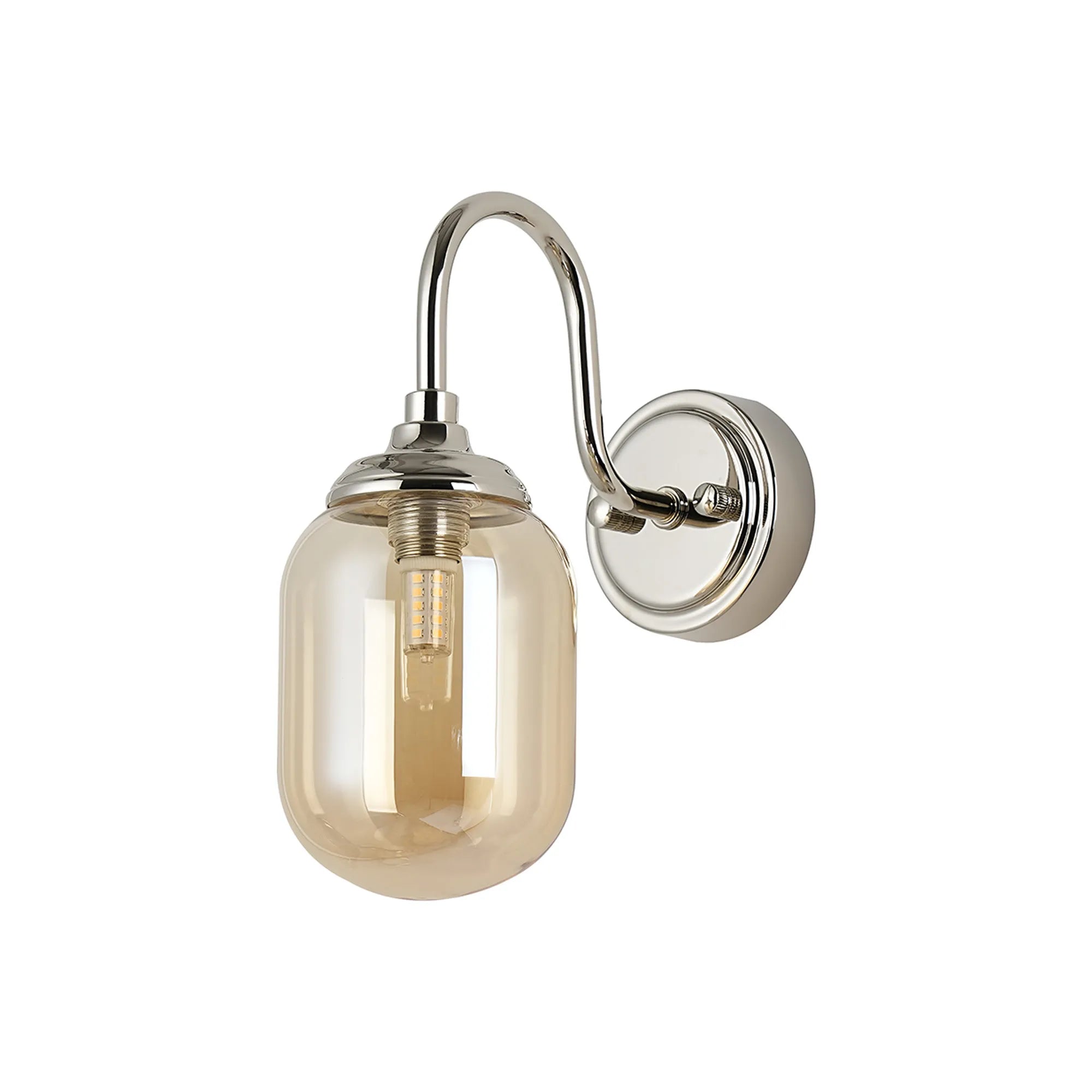 Dene Curved Arm Wall Light - 1 Light - IP44 Polished Nickel & Amber Smooth Tubular Glass