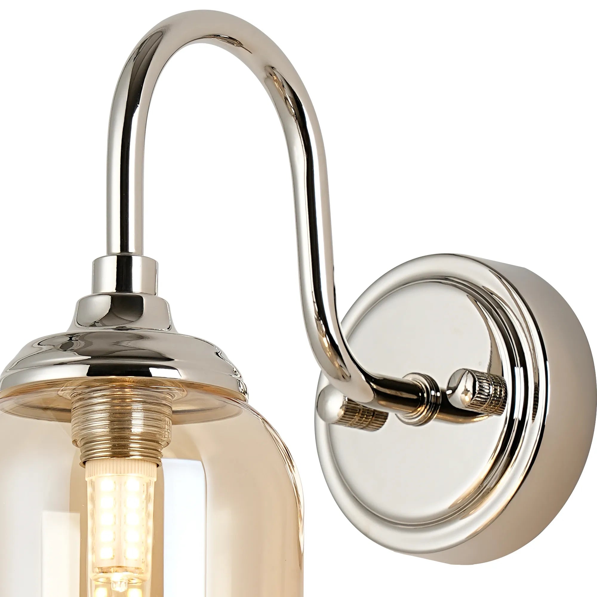 Dene Curved Arm Wall Light - 1 Light - IP44 Polished Nickel & Amber Smooth Tubular Glass