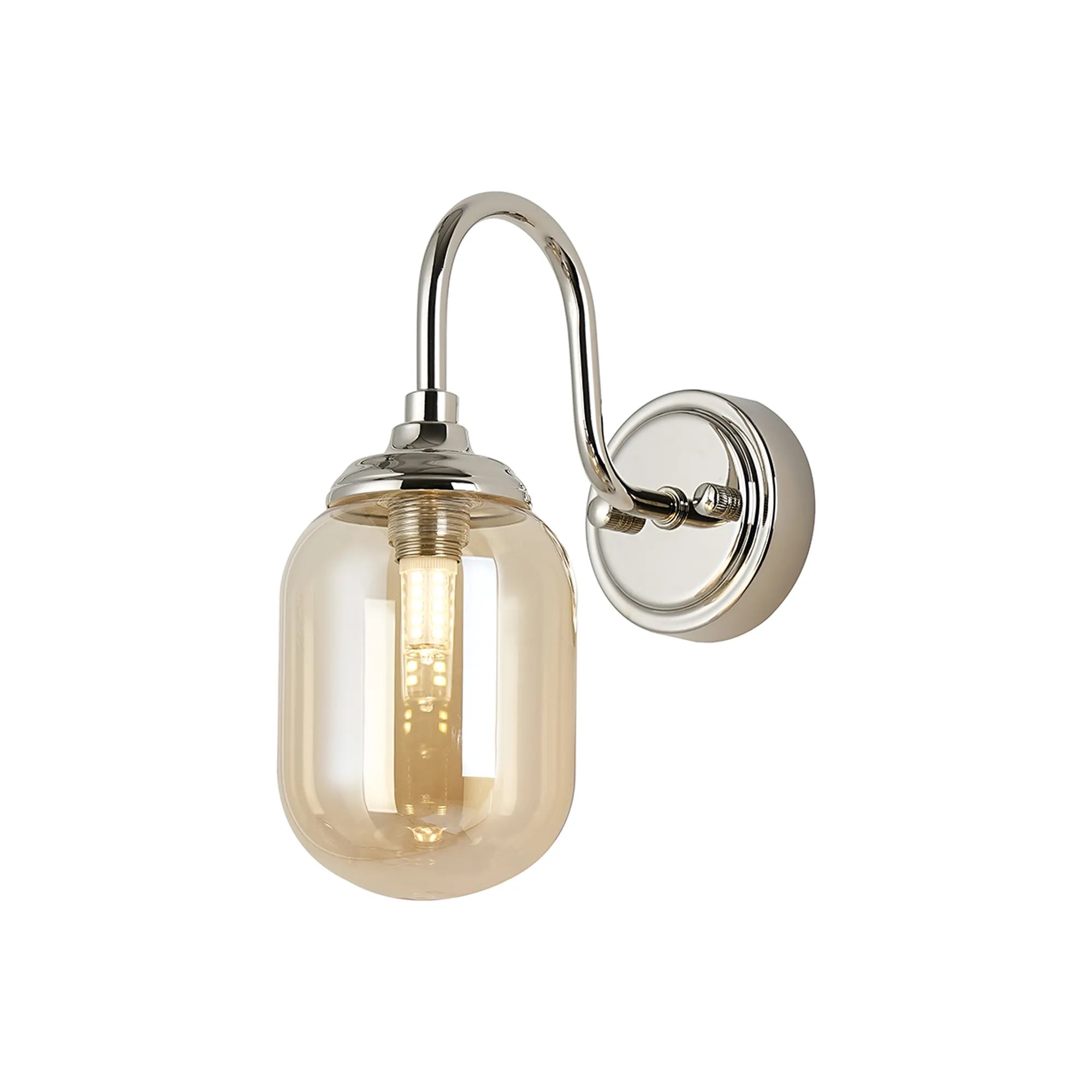 Dene Curved Arm Wall Light - 1 Light - IP44 Polished Nickel & Amber Smooth Tubular Glass
