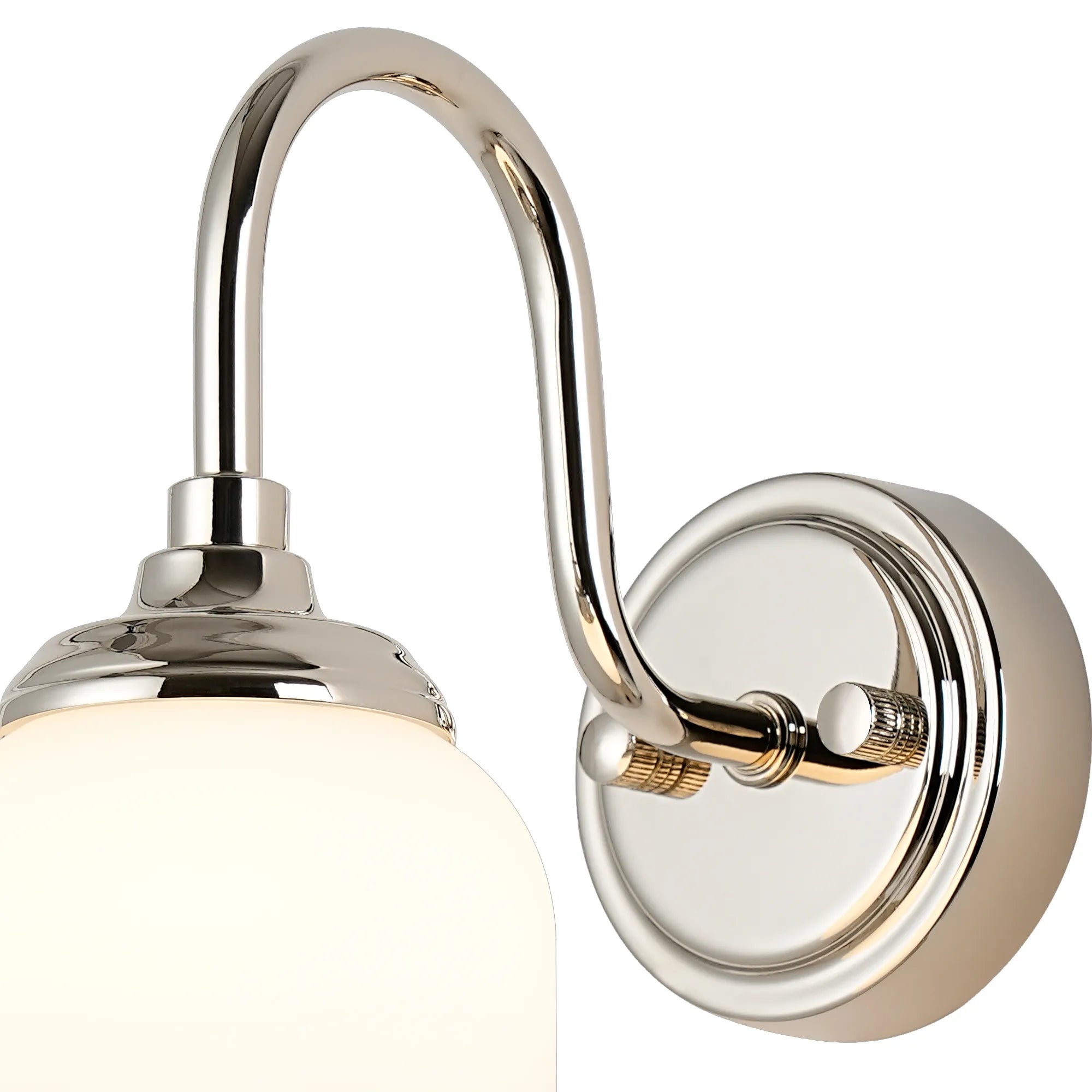 Dene Curved Arm Wall Light - 1 Light - IP44 Polished Nickel & Opal Smooth Tubular Glass