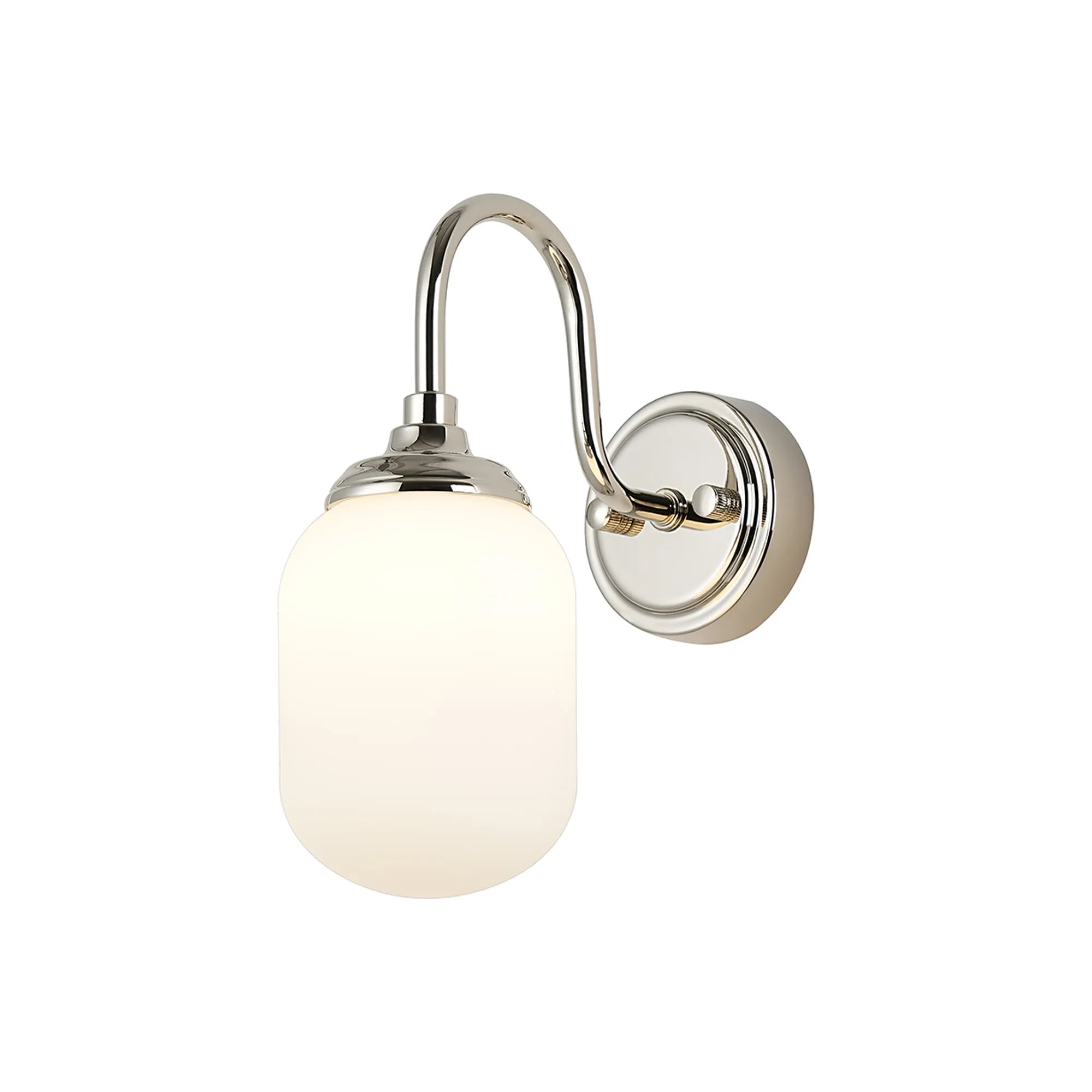 Dene Curved Arm Wall Light - 1 Light - IP44 Polished Nickel & Opal Smooth Tubular Glass