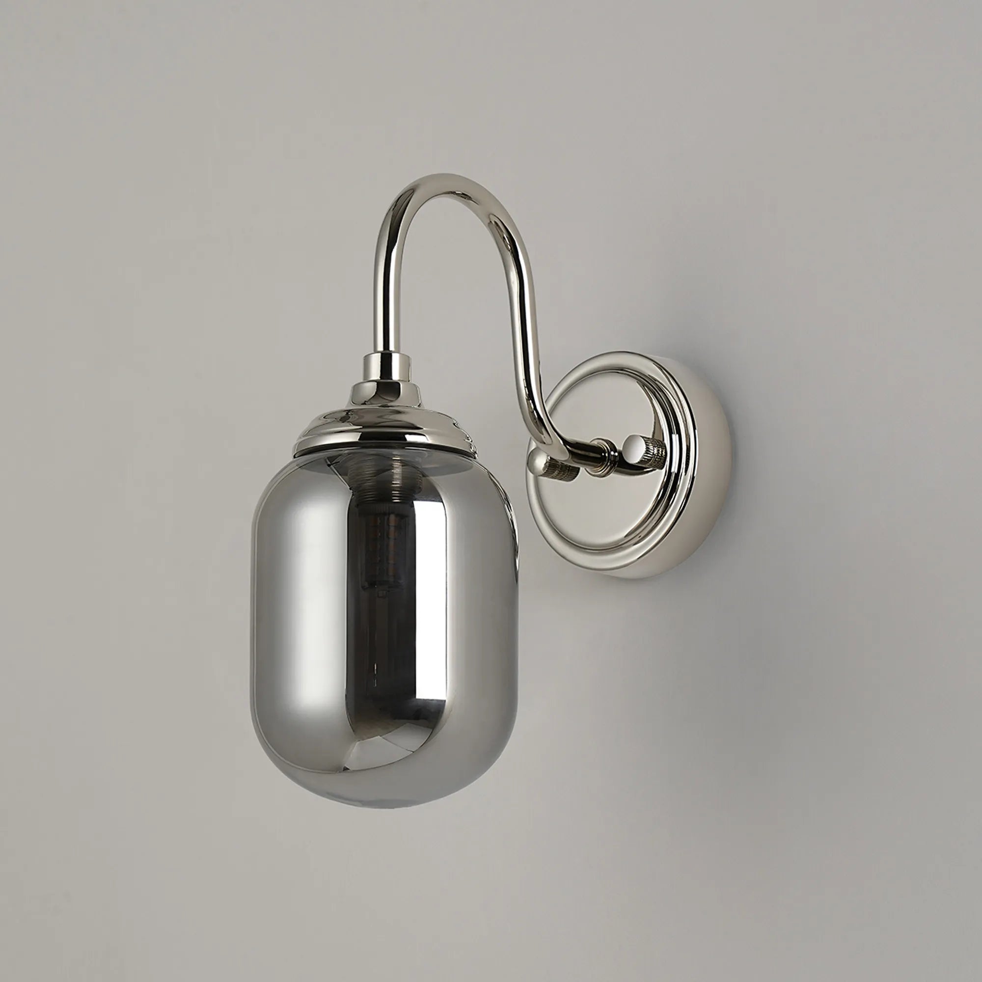 Dene Curved Arm Wall Light - 1 Light - IP44 Polished Nickel & Smoke Smooth Tubular Glass