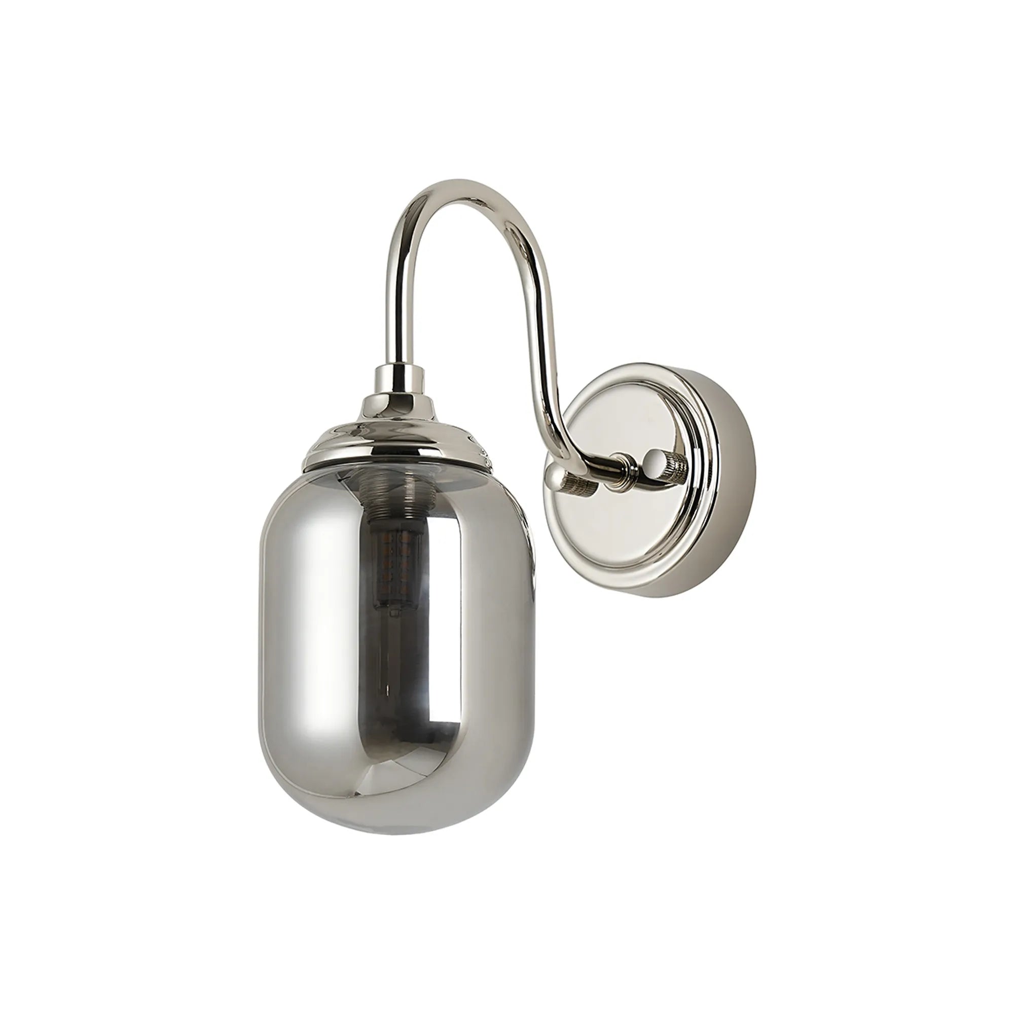 Dene Curved Arm Wall Light - 1 Light - IP44 Polished Nickel & Smoke Smooth Tubular Glass