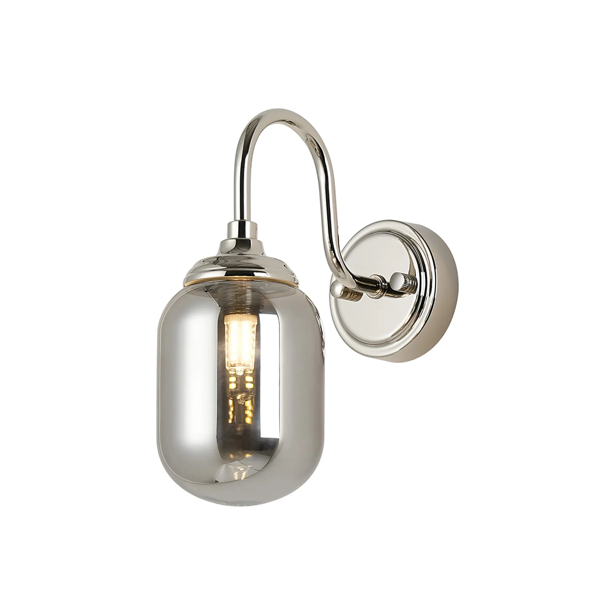 Dene Curved Arm Wall Light - 1 Light - IP44 Polished Nickel & Smoke Smooth Tubular Glass