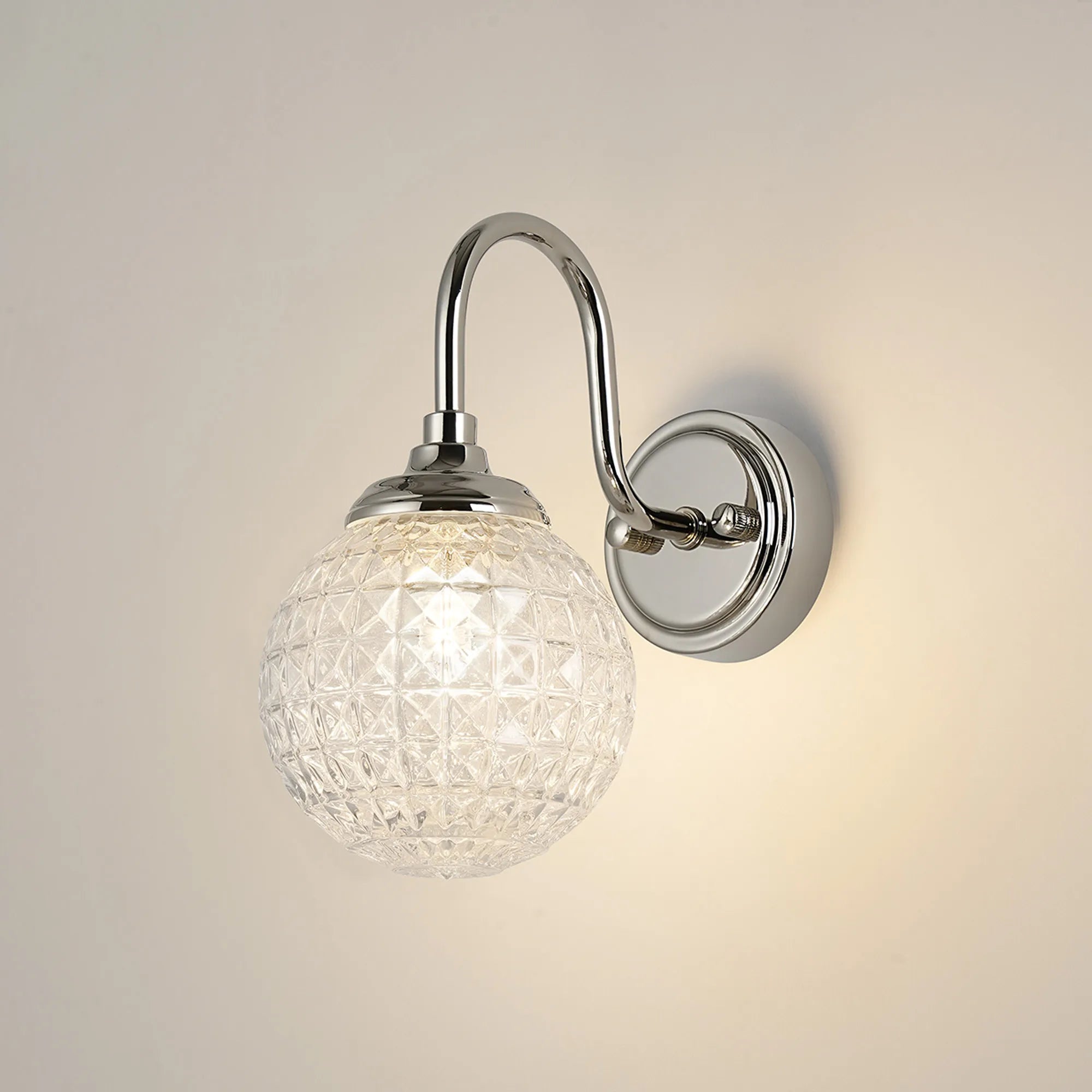Dene Curved Arm Wall Light - 1 Light - IP44 Polished Nickel & Clear Cross Pattern Round Glass