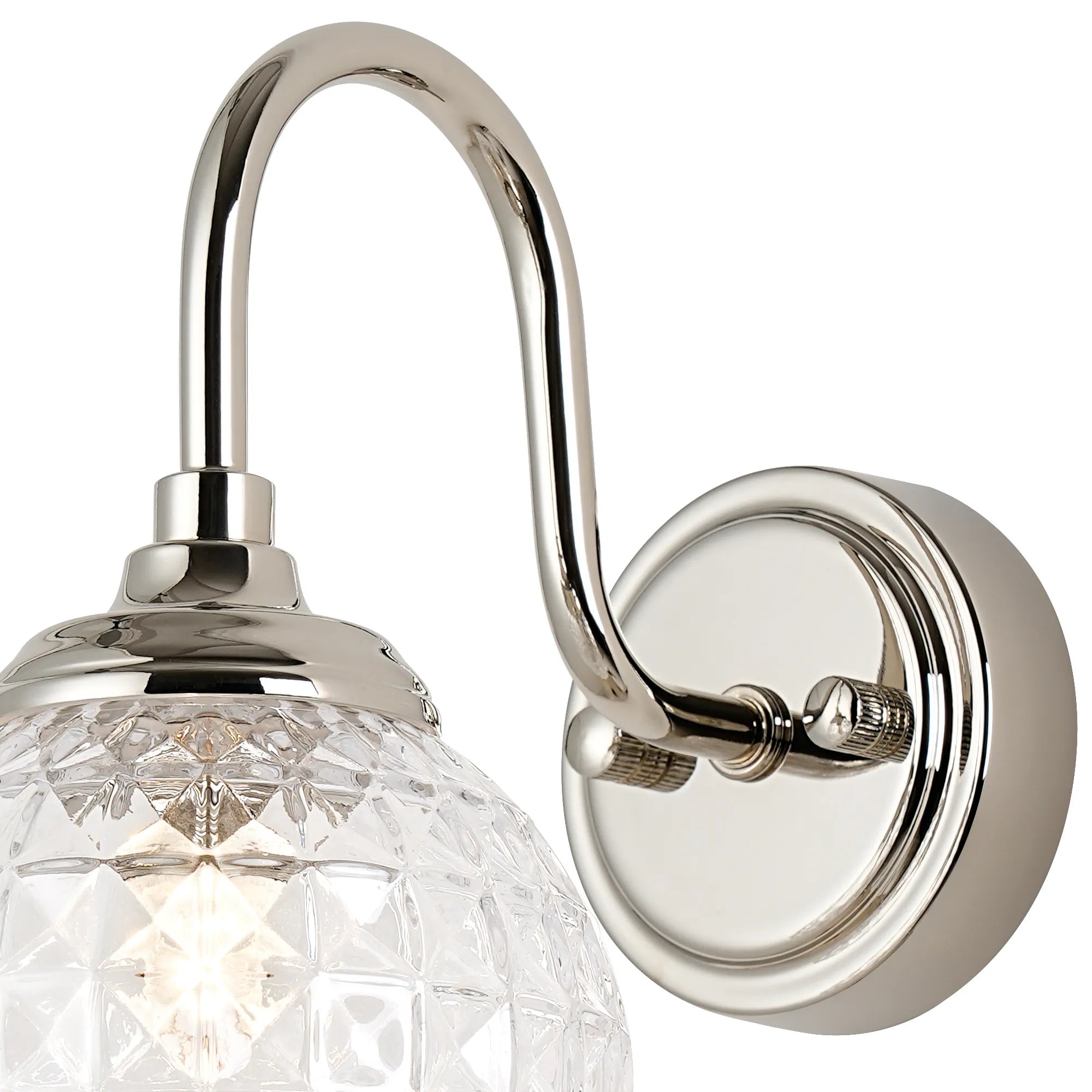 Dene Curved Arm Wall Light - 1 Light - IP44 Polished Nickel & Clear Cross Pattern Round Glass