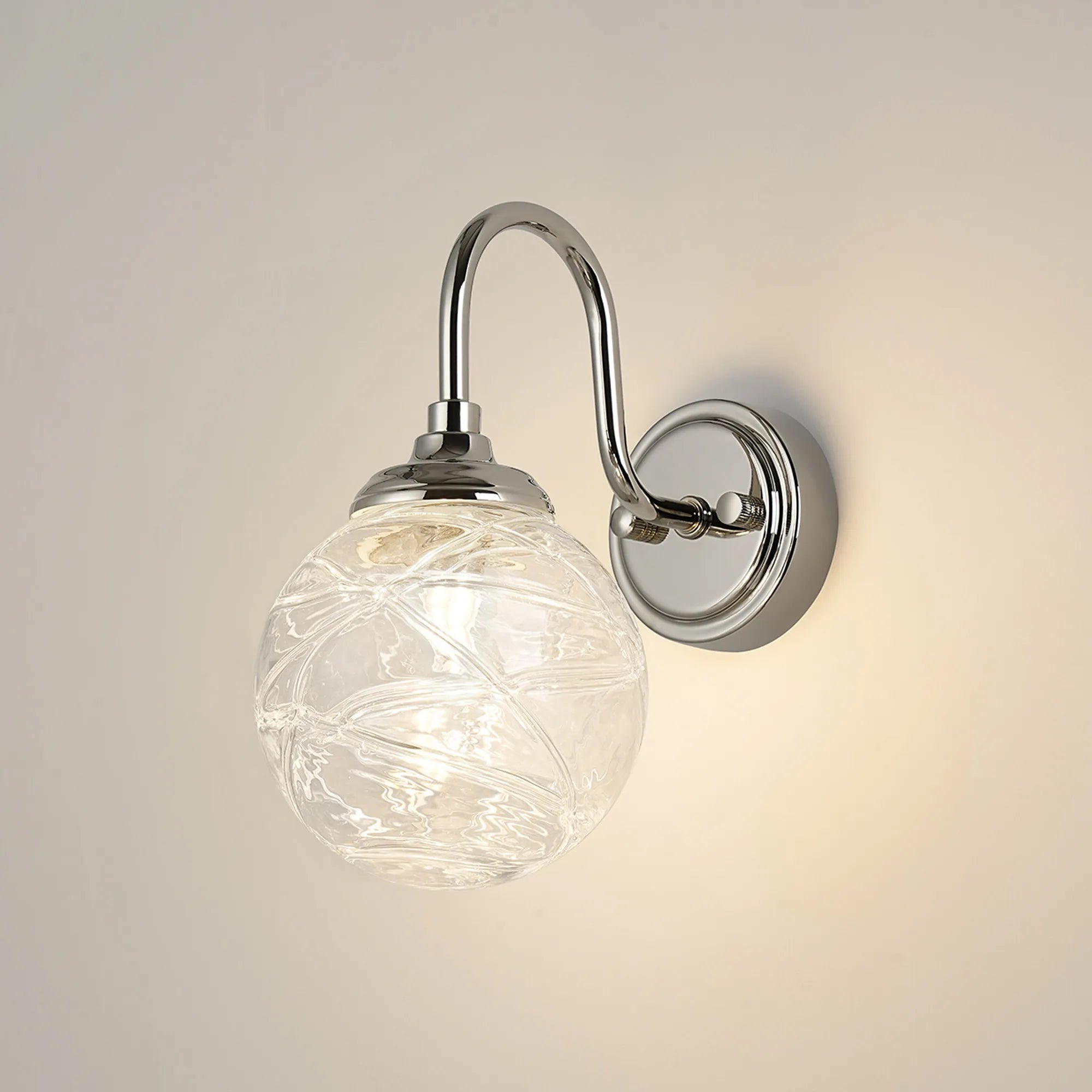 Dene Curved Arm Wall Light - 1 Light - IP44 Polished Nickel & Clear Dune Effect Round Glass