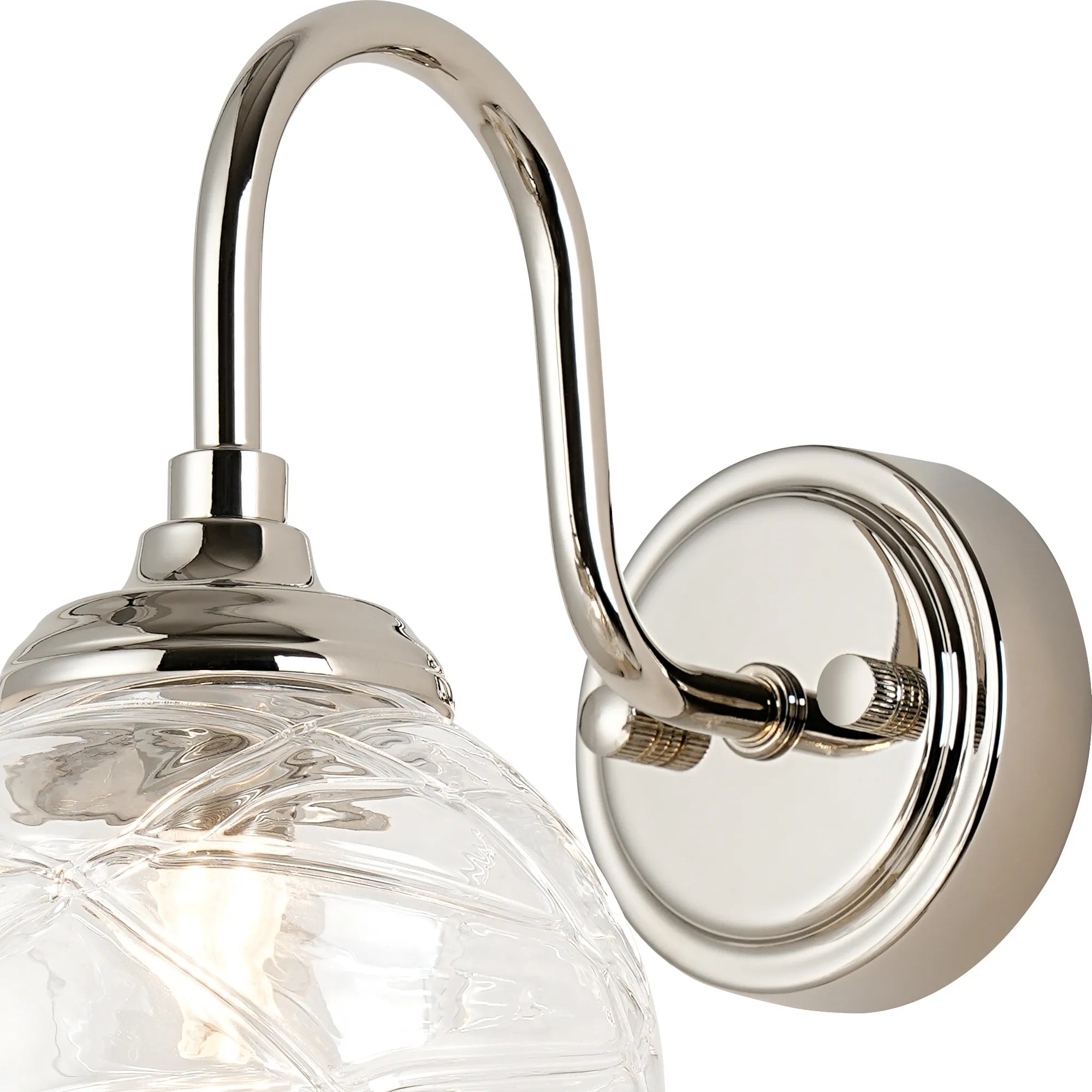 Dene Curved Arm Wall Light - 1 Light - IP44 Polished Nickel & Clear Dune Effect Round Glass