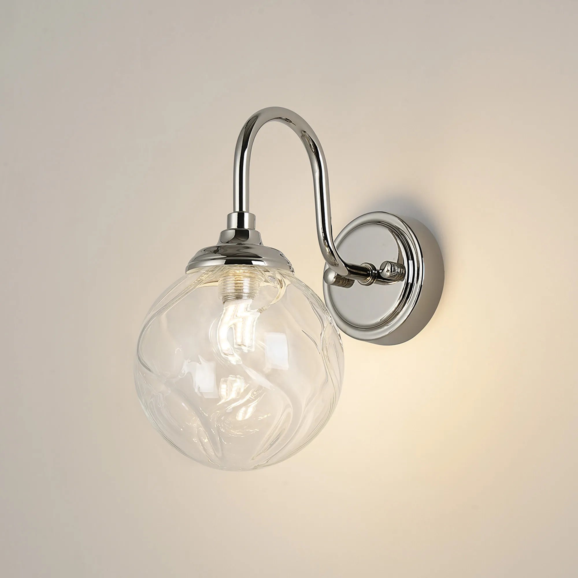 Dene Curved Arm Wall Light - 1 Light - IP44 Polished Nickel & Clear Waved Round Glass