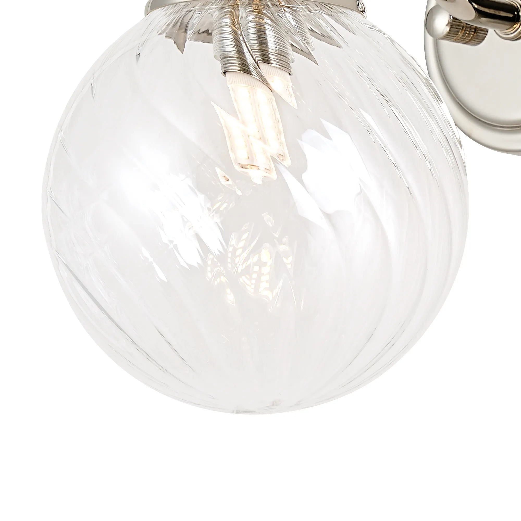 Dene Curved Arm Wall Light - 1 Light - IP44 Polished Nickel & Clear Swirl Round Glass